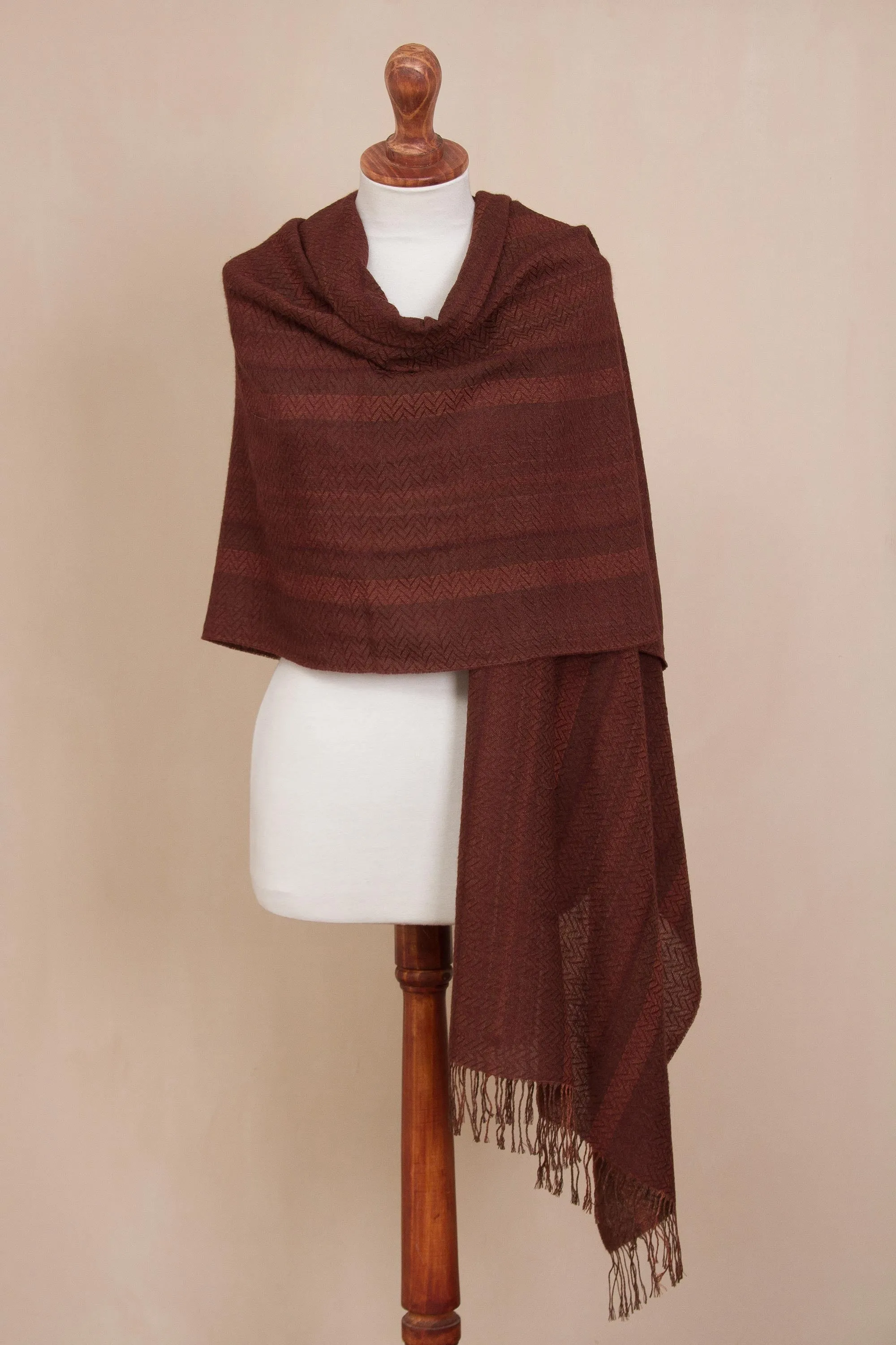 Chestnut and Maroon Subtle Patterns Alpaca Blend Woven Shawl - Subtle Current | NOVICA