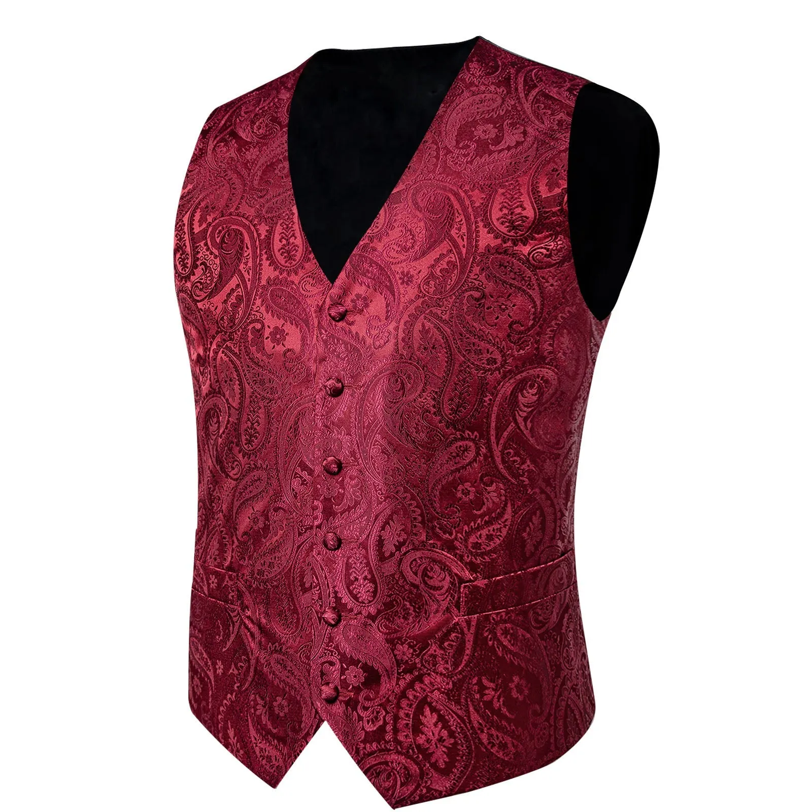 Classic Red Paisley Men's V-Neck Vest Tie Hanky Cufflinks Set Waistcoat Suit Set