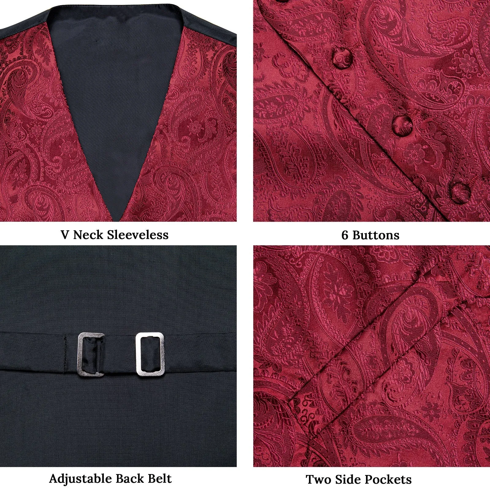 Classic Red Paisley Men's V-Neck Vest Tie Hanky Cufflinks Set Waistcoat Suit Set