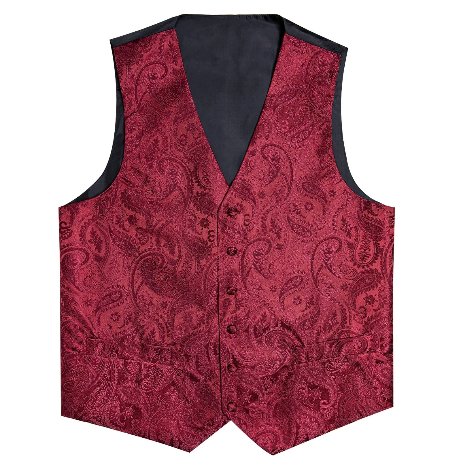 Classic Red Paisley Men's V-Neck Vest Tie Hanky Cufflinks Set Waistcoat Suit Set