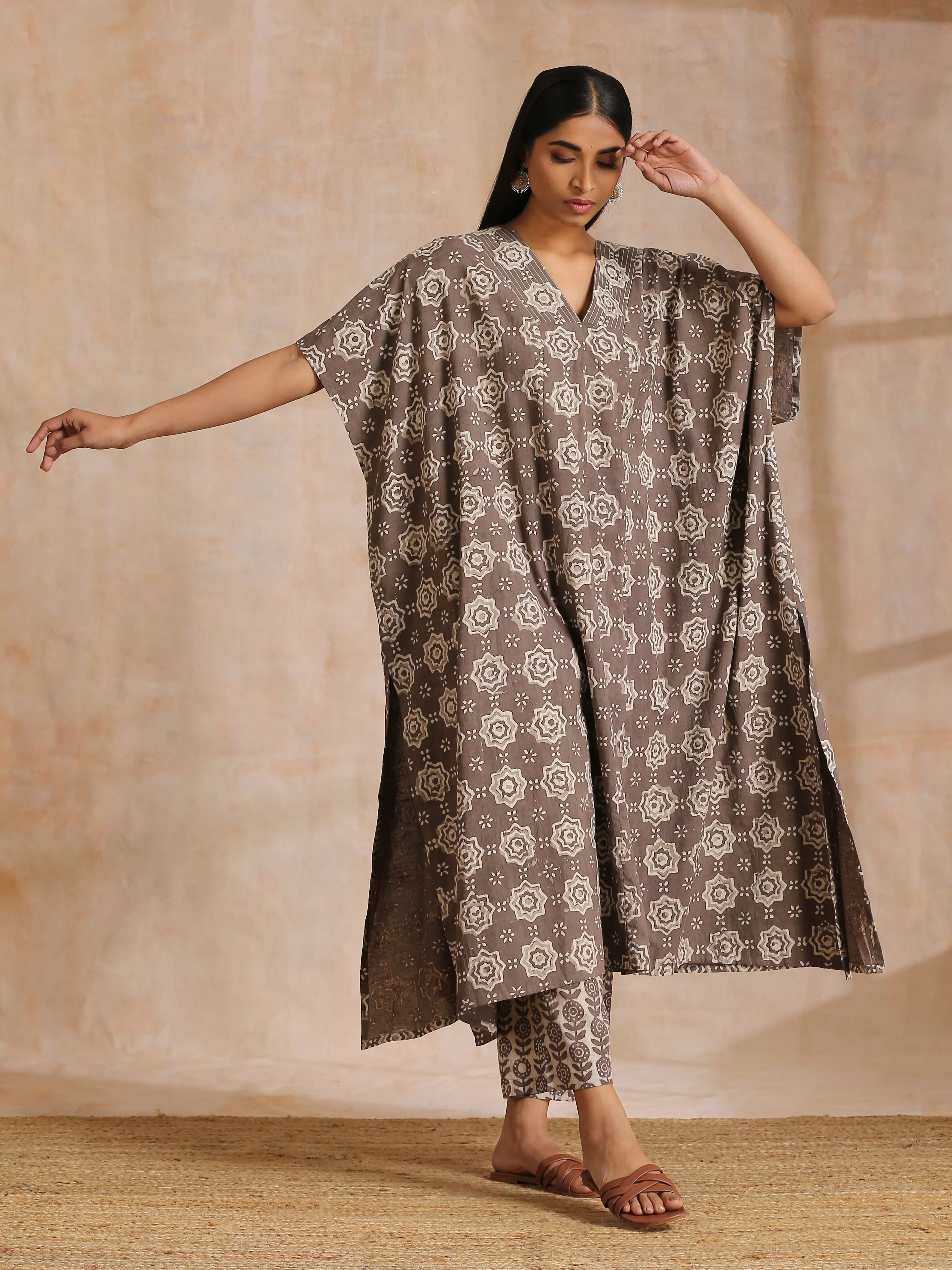 Clay Dabu Overall Print Cotton Panel Kaftan Kurta Pant Set