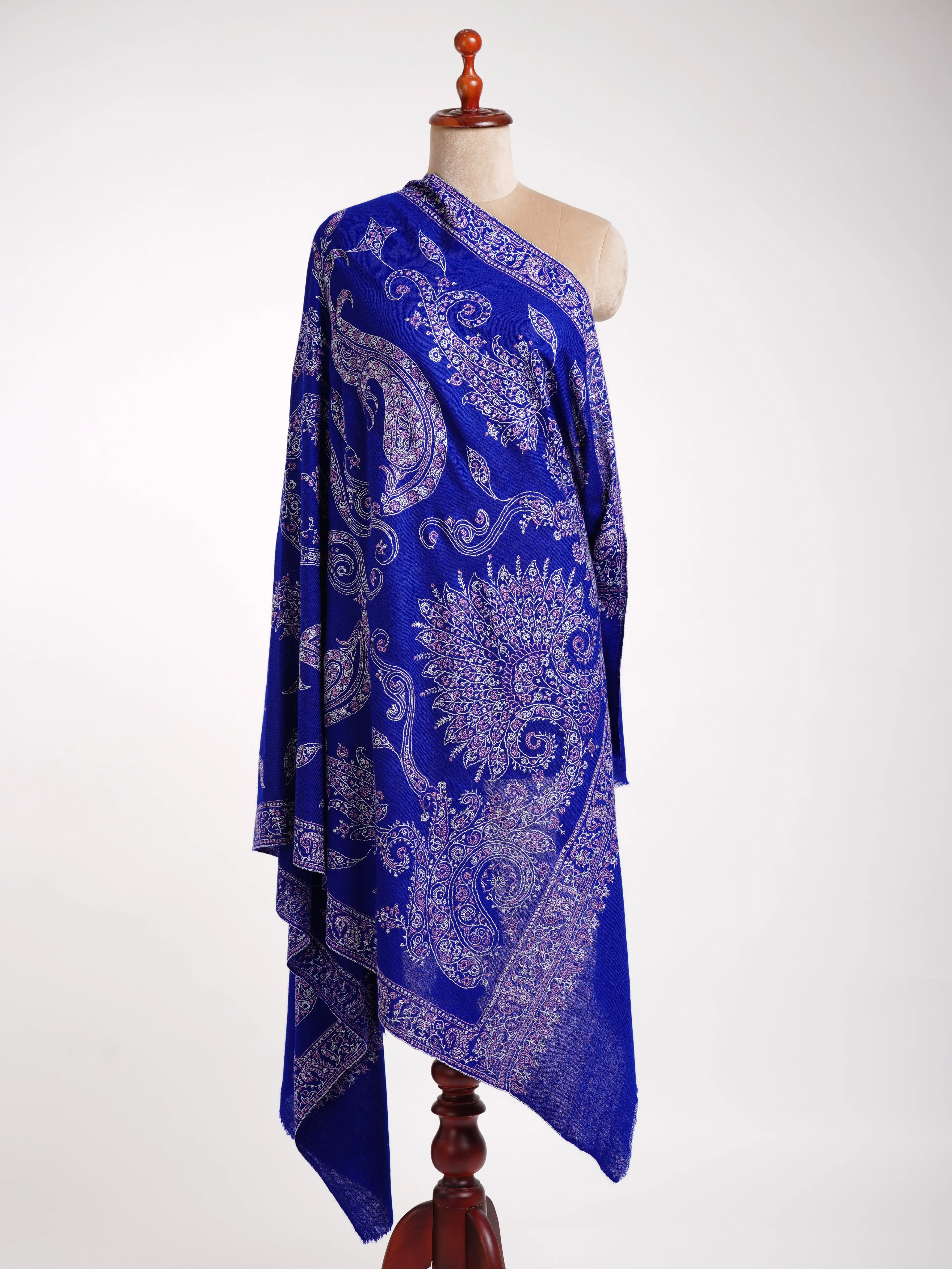 Cobalt Blue Indian Sozni Embroidered Pashmina Shawl