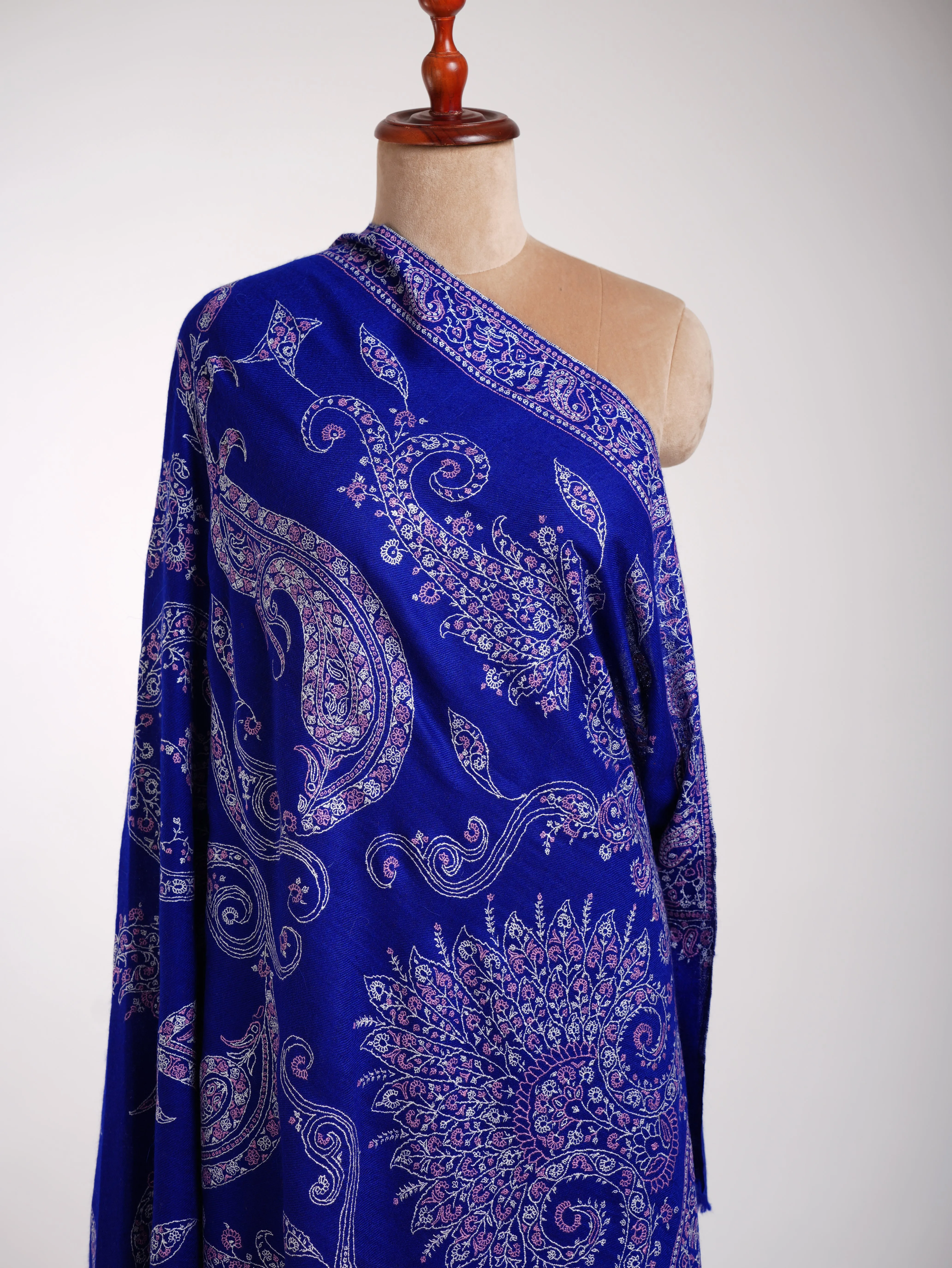 Cobalt Blue Indian Sozni Embroidered Pashmina Shawl