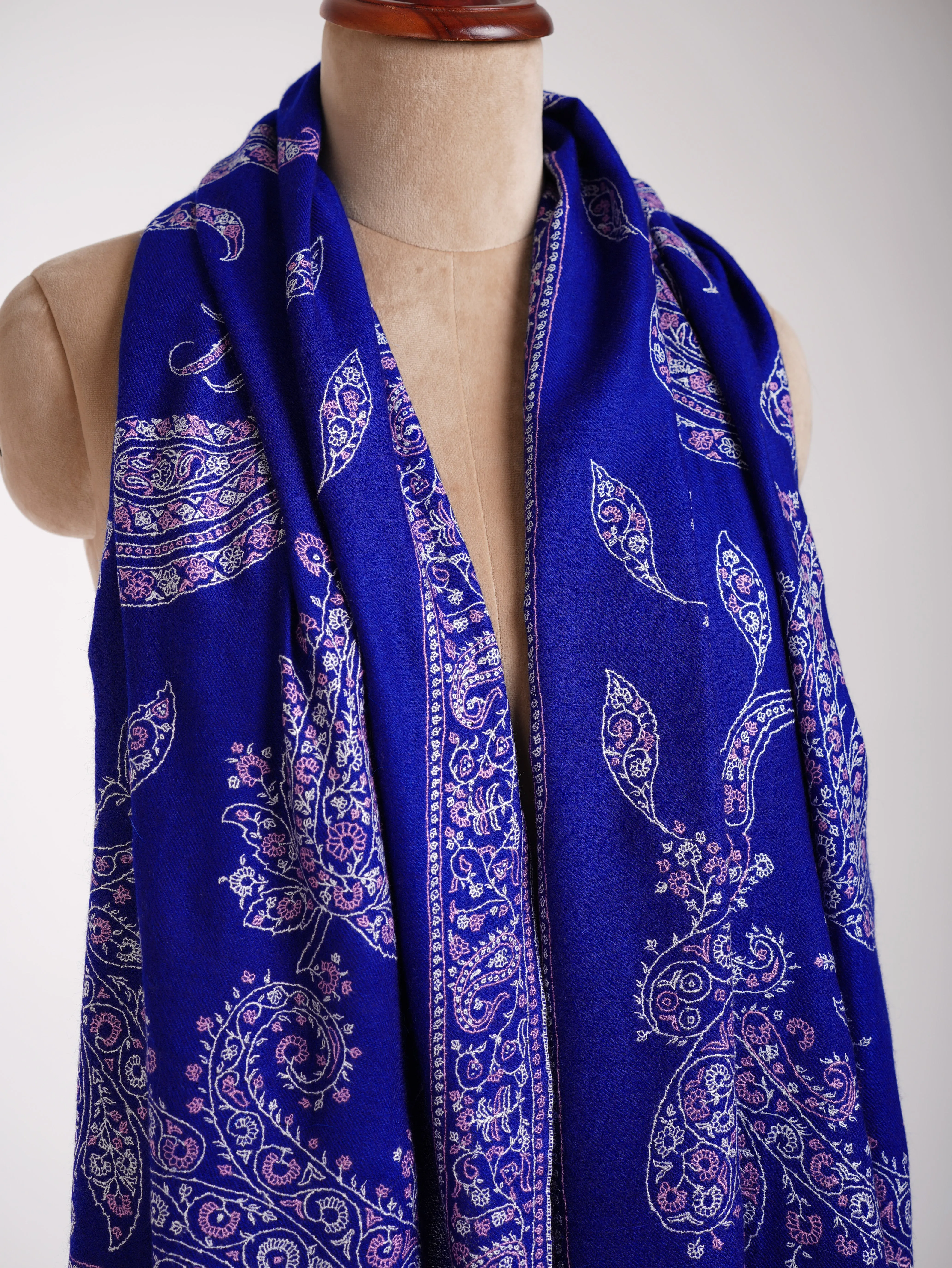 Cobalt Blue Indian Sozni Embroidered Pashmina Shawl