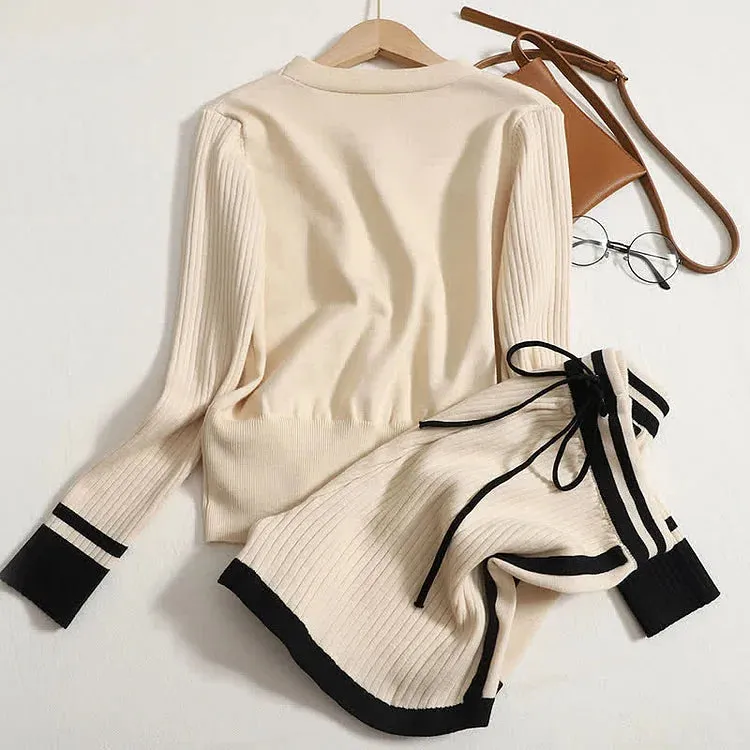 Colorblock V-Neck Knit Sweater High Waist Shorts Two Piece Set