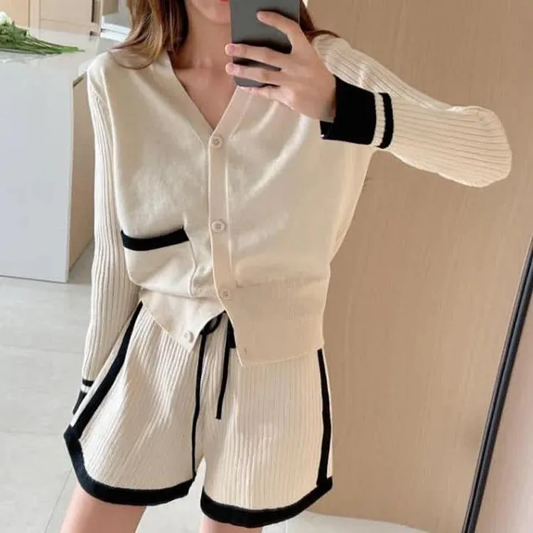 Colorblock V-Neck Knit Sweater High Waist Shorts Two Piece Set