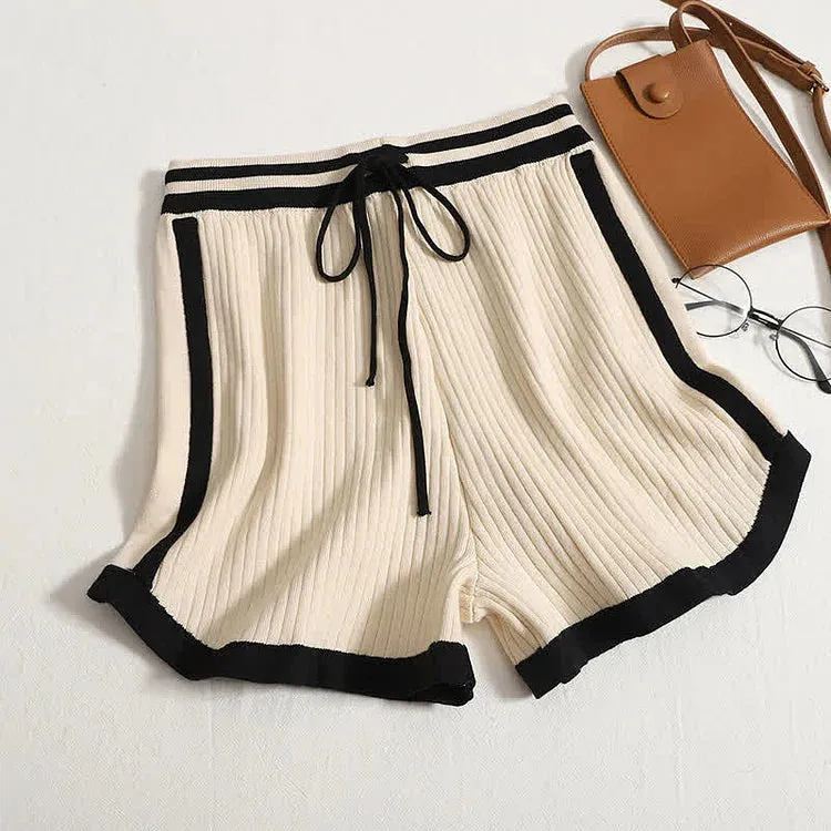 Colorblock V-Neck Knit Sweater High Waist Shorts Two Piece Set