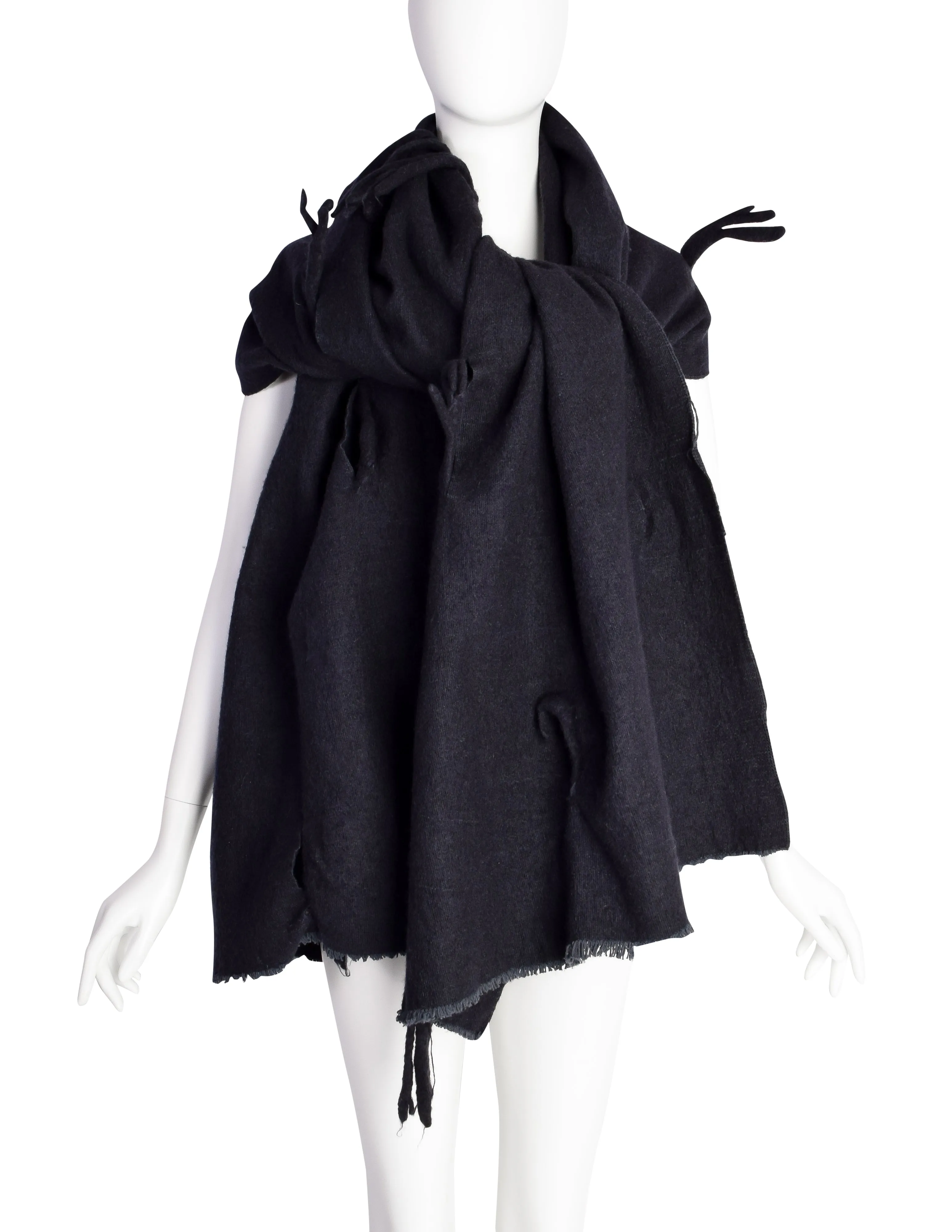 Comme des Garcons Vintage AW 1982 Destroy Collection Black Wool 'Hole' Blanket Scarf Wrap Shawl