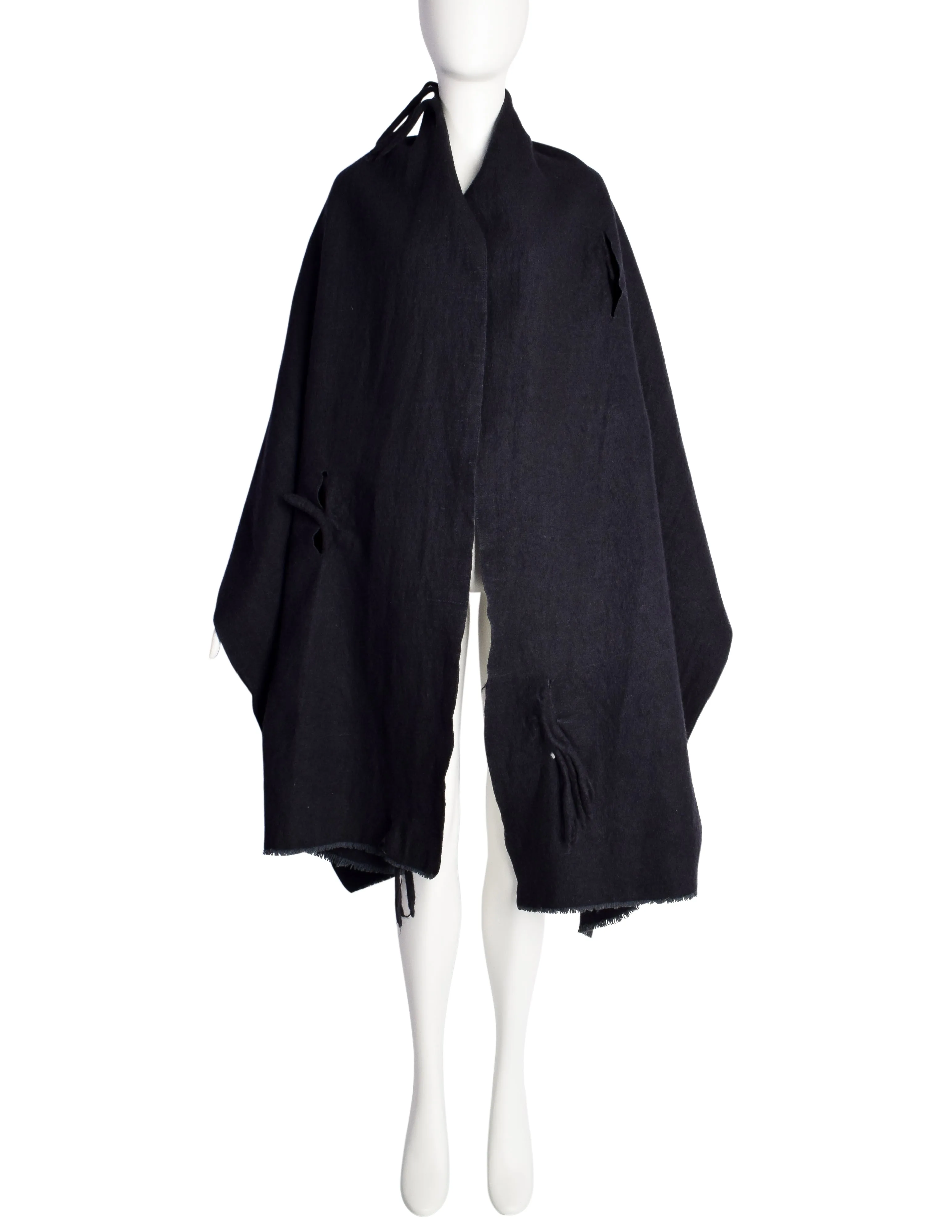 Comme des Garcons Vintage AW 1982 Destroy Collection Black Wool 'Hole' Blanket Scarf Wrap Shawl