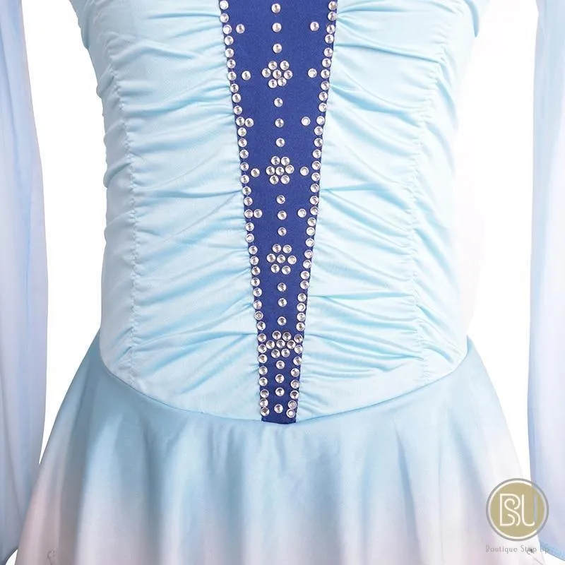 Competition Skating Dress White with light Blue Ombre, Long Sleeeves