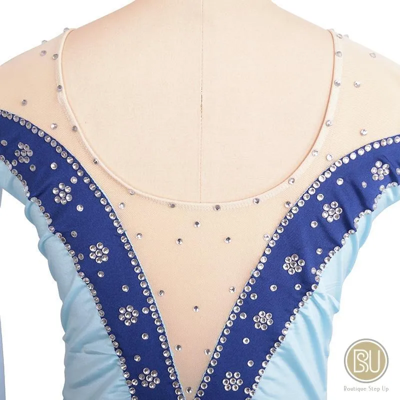 Competition Skating Dress White with light Blue Ombre, Long Sleeeves