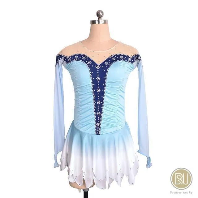 Competition Skating Dress White with light Blue Ombre, Long Sleeeves