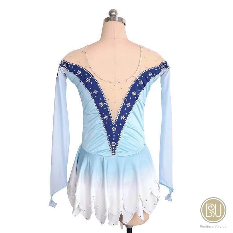 Competition Skating Dress White with light Blue Ombre, Long Sleeeves