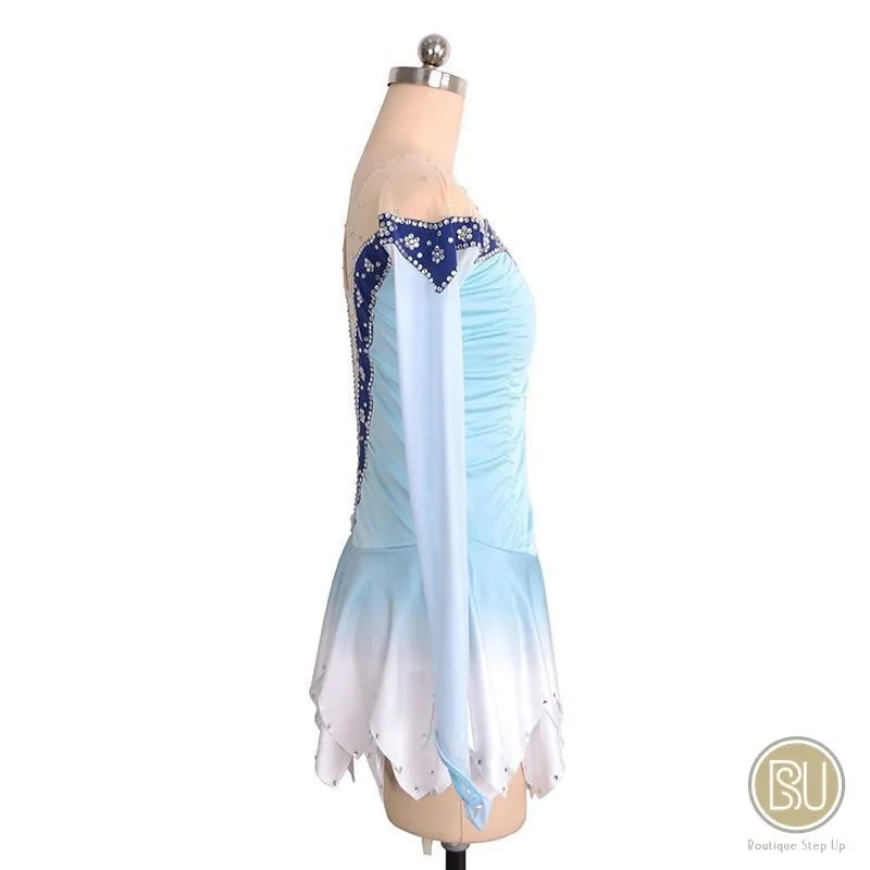 Competition Skating Dress White with light Blue Ombre, Long Sleeeves