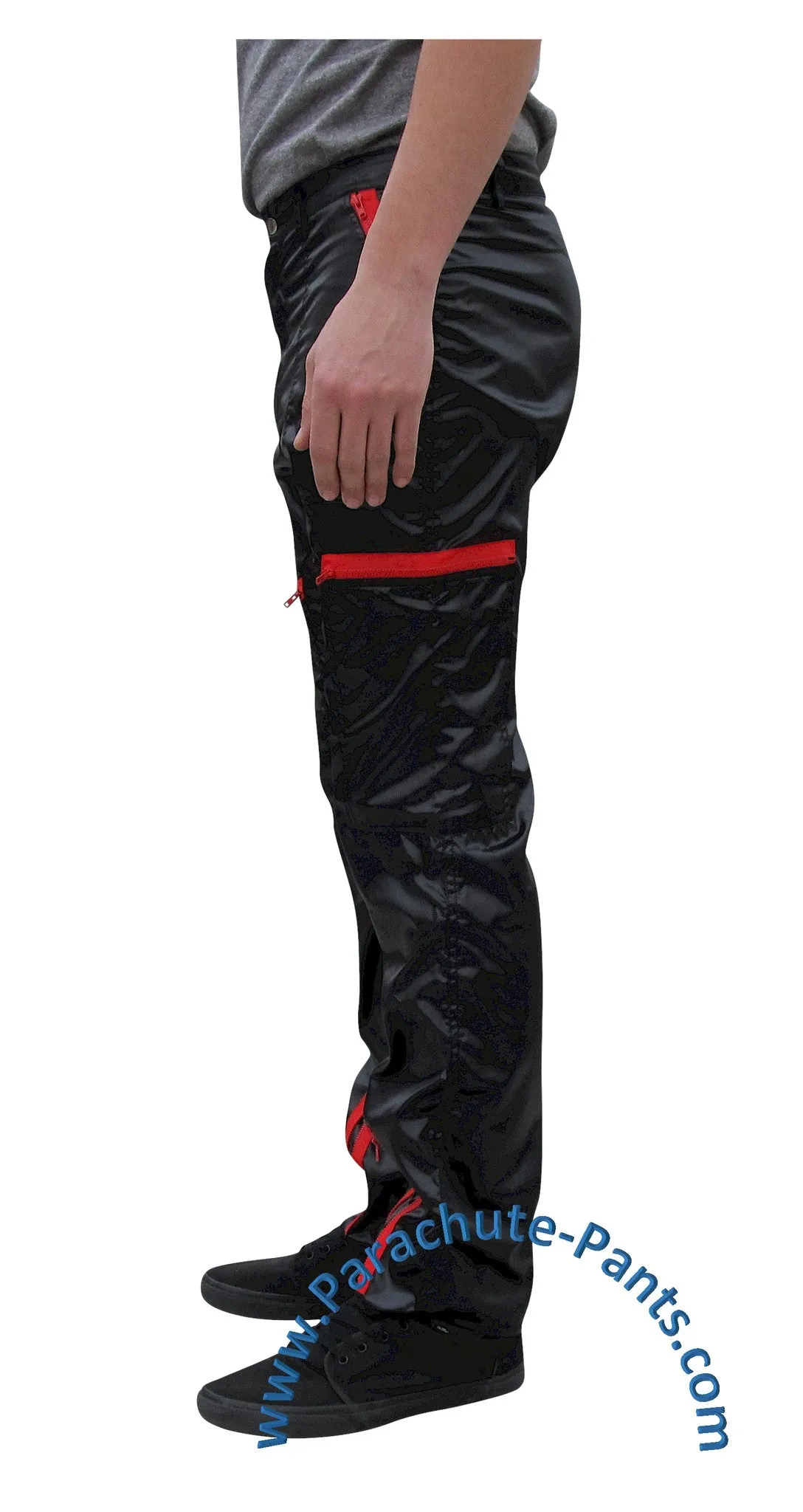 Countdown Black Shiny Nylon Parachute Pants with Red Zippers