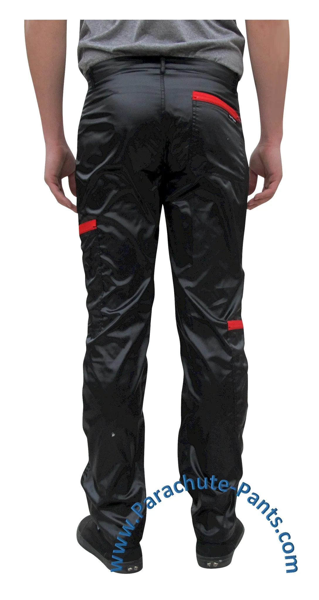 Countdown Black Shiny Nylon Parachute Pants with Red Zippers