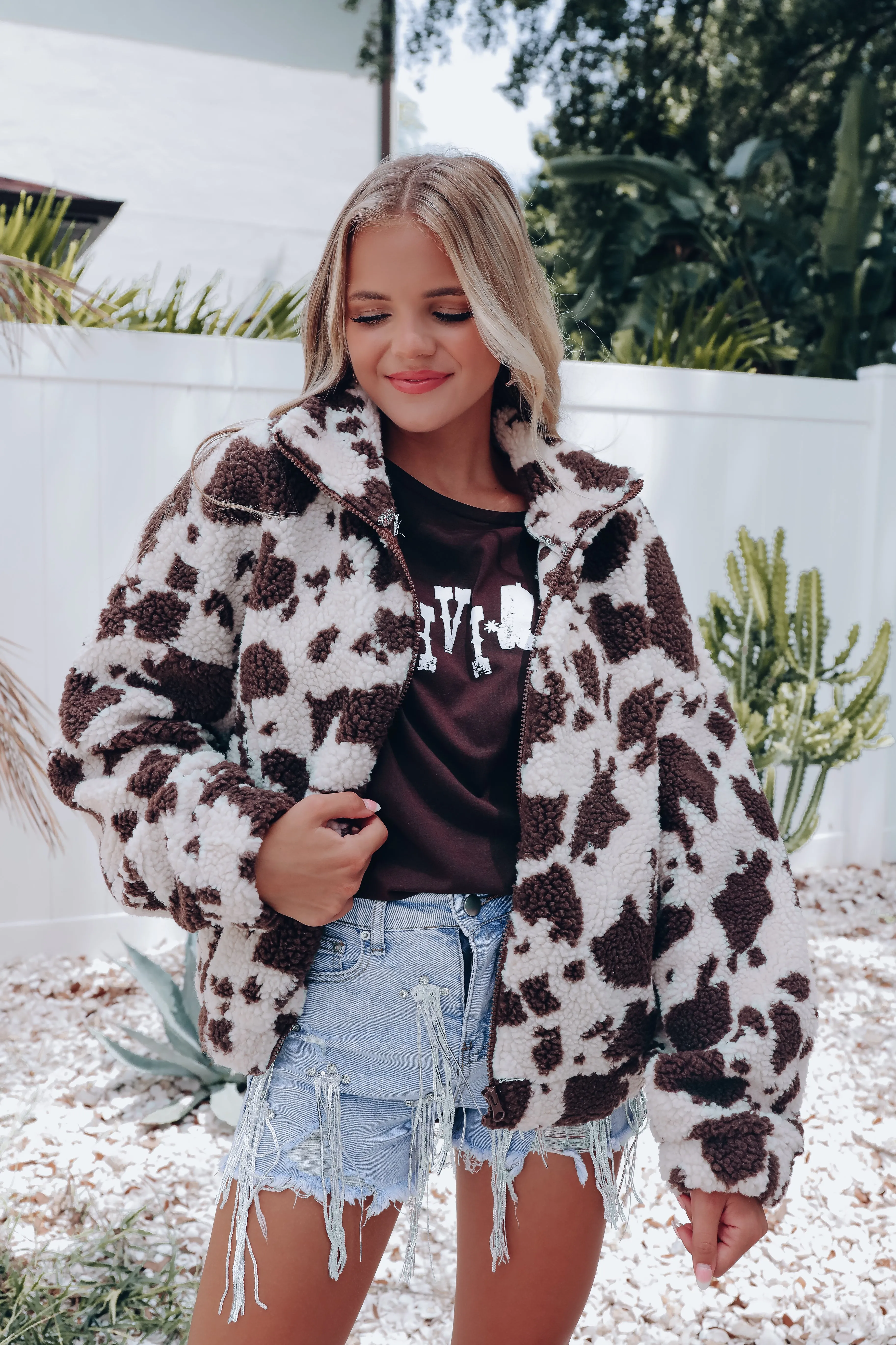 Cow Print Sherpa Jacket - Cream