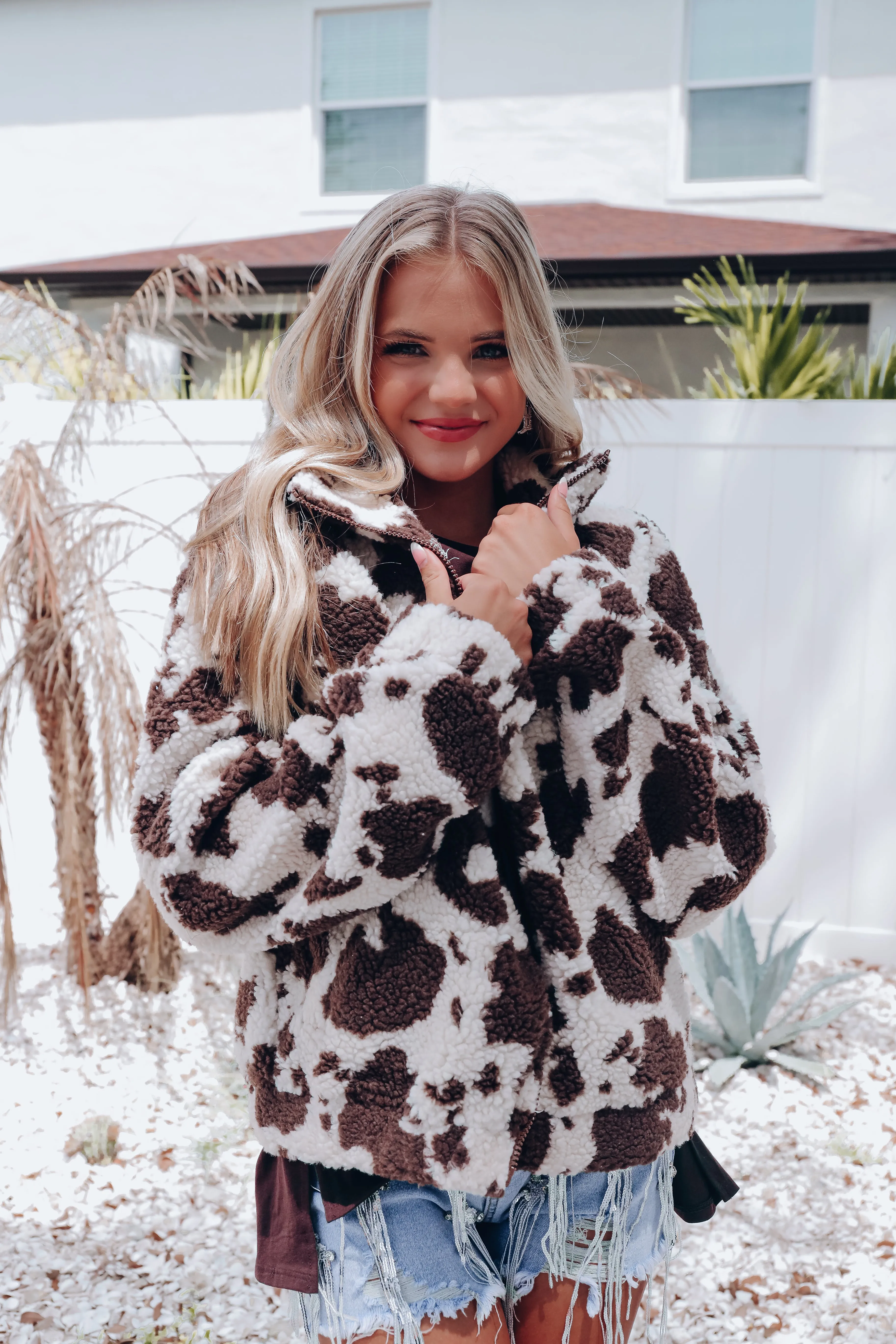 Cow Print Sherpa Jacket - Cream