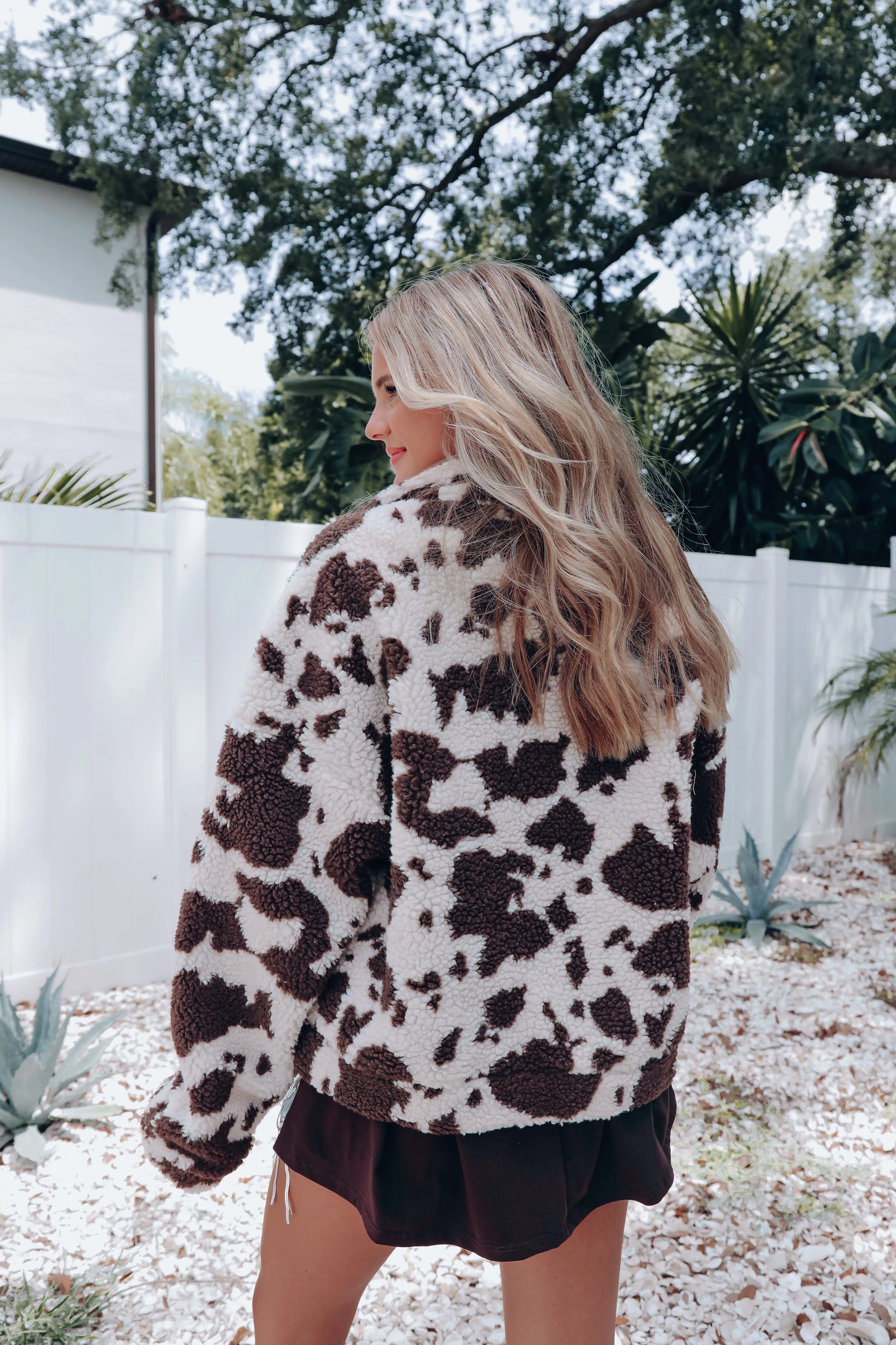 Cow Print Sherpa Jacket - Cream