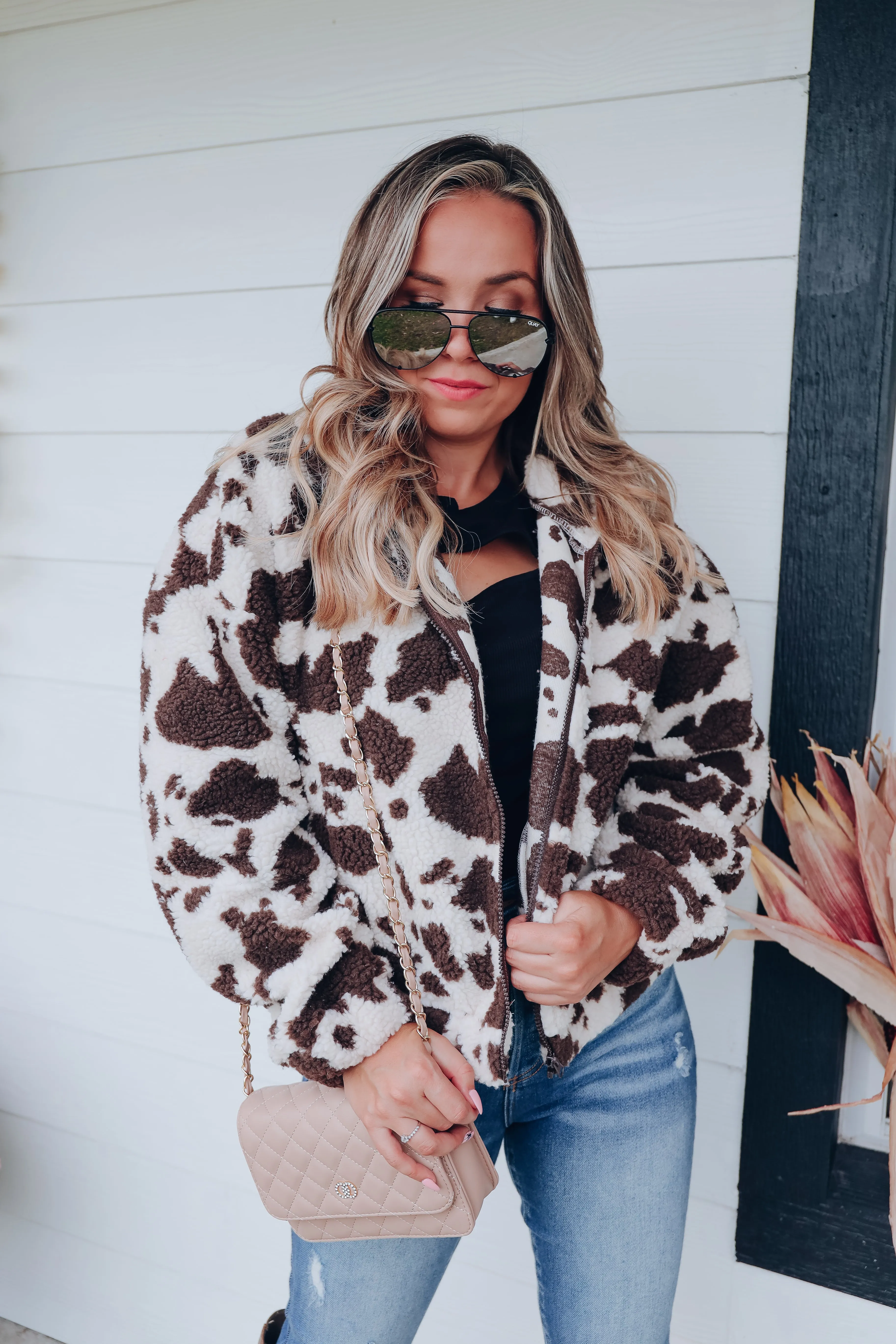 Cow Print Sherpa Jacket - Cream