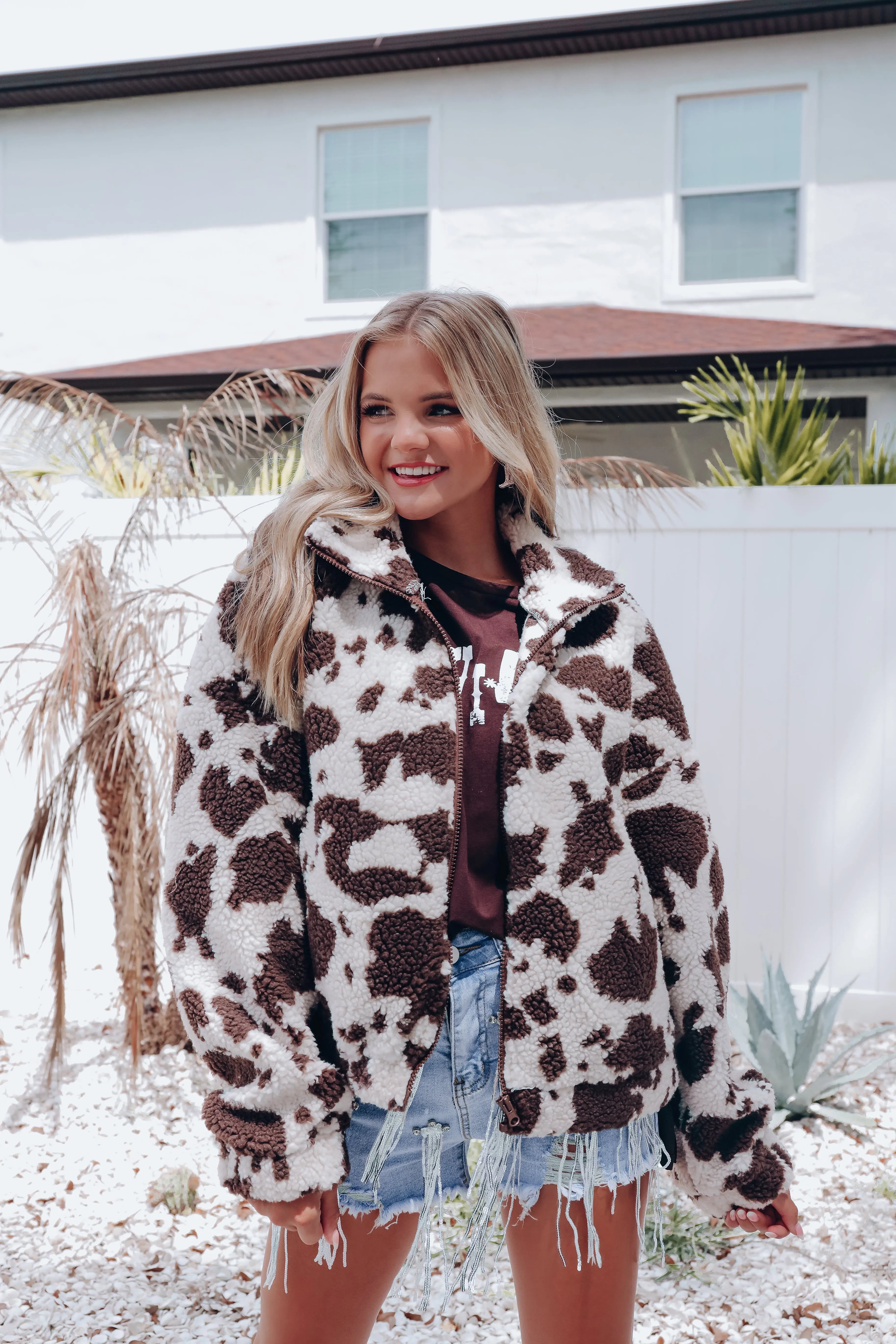 Cow Print Sherpa Jacket - Cream