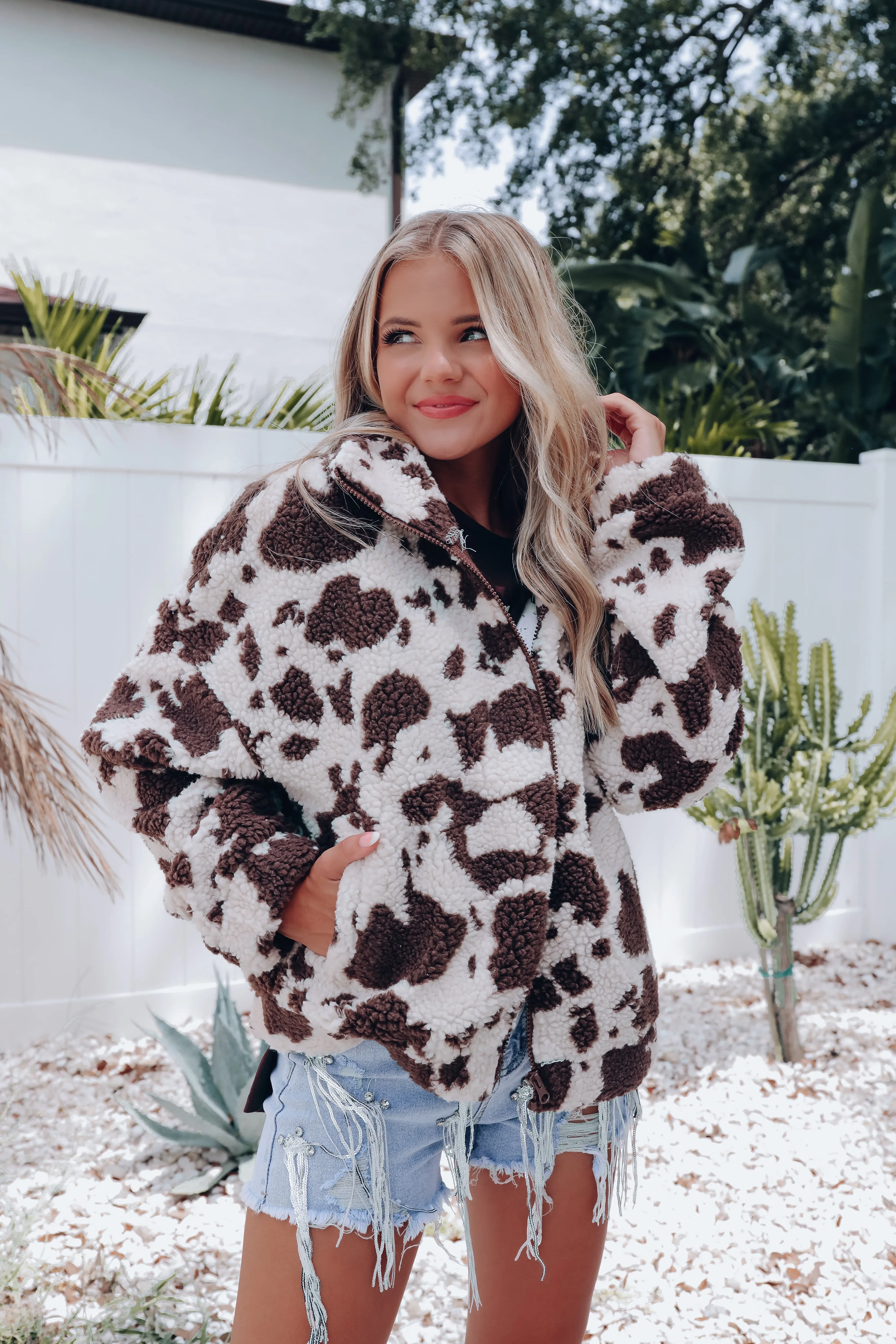 Cow Print Sherpa Jacket - Cream