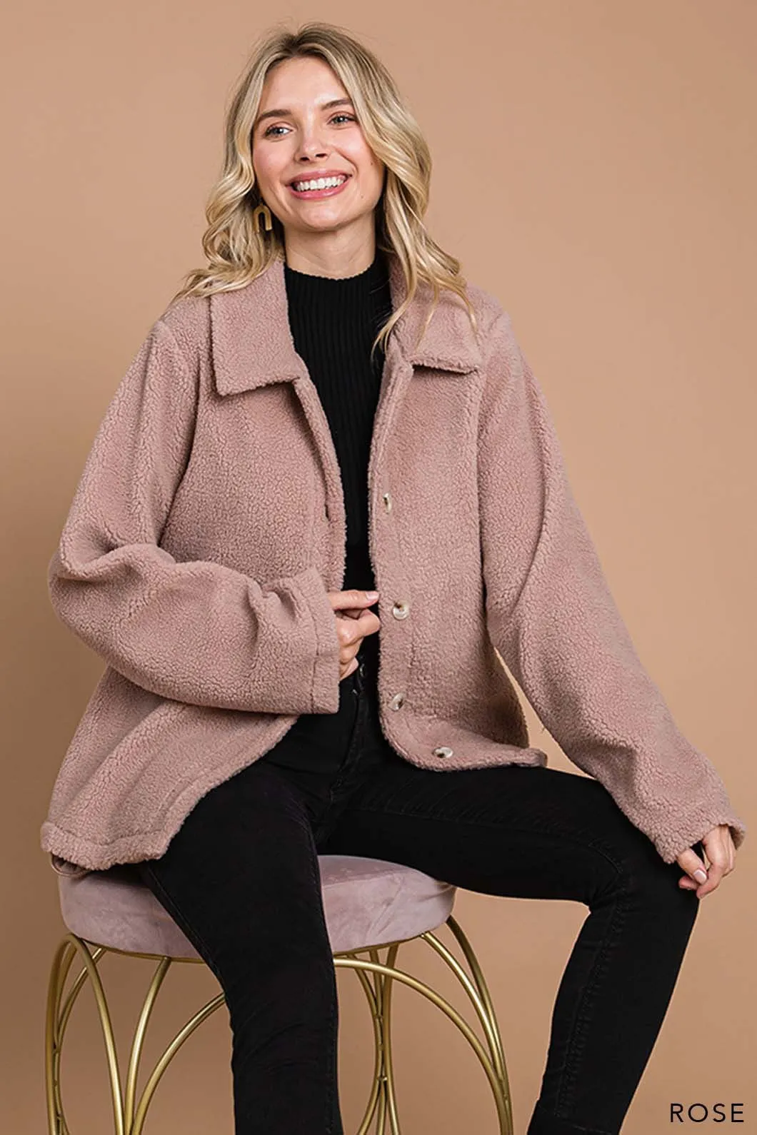 Cozy Sherpa Button Front Casual Jacket *