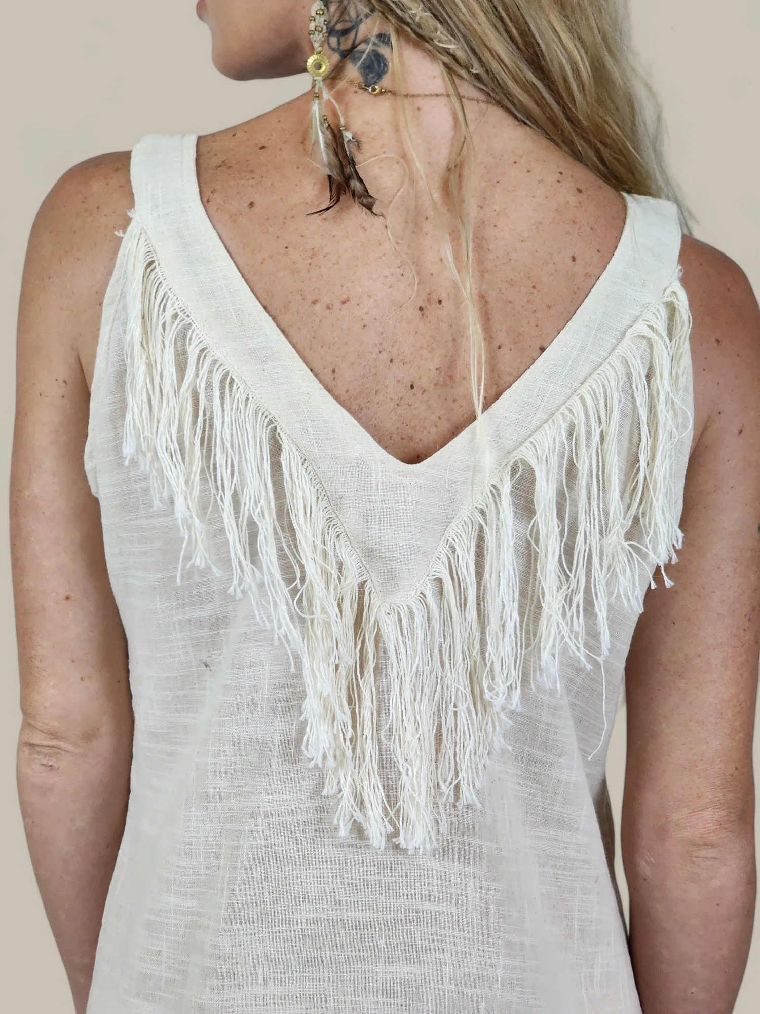 Cream Organic Linen Mini Dress with Fringe