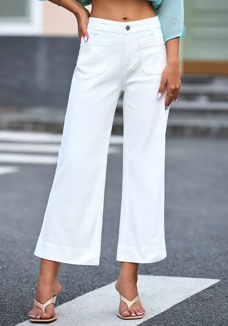 Cream White 2024 Women's High Waisted Long Denim Wide Leg Pockets Cropped Pants Jeans Trouser