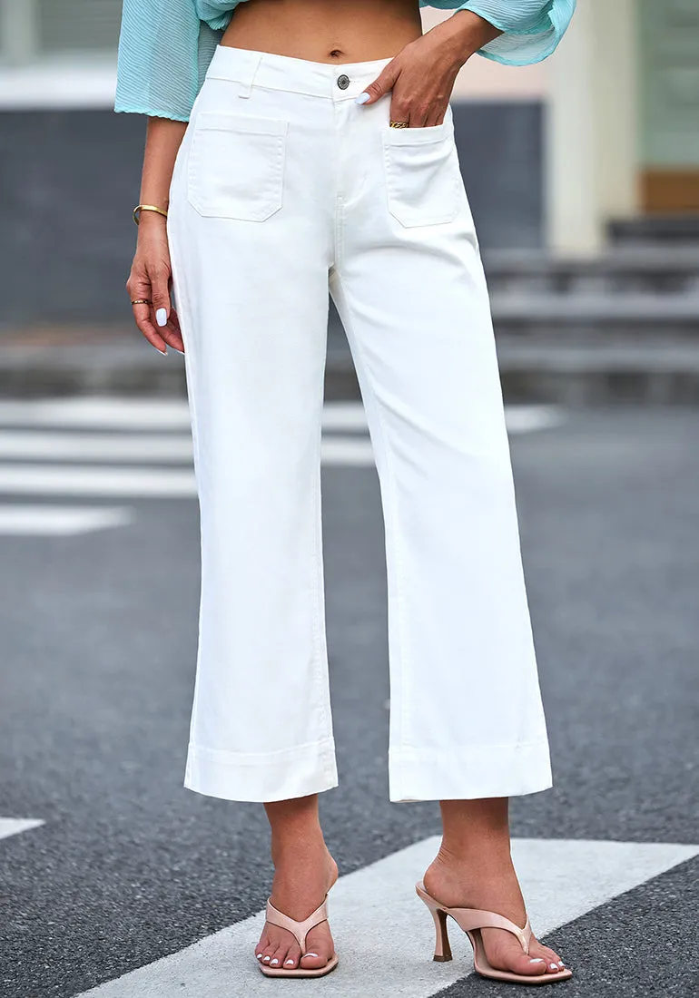 Cream White 2024 Women's High Waisted Long Denim Wide Leg Pockets Cropped Pants Jeans Trouser