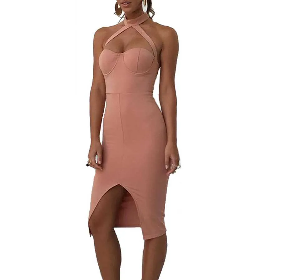 Criss Cross Halter Bustier Bodycon Midi Dress