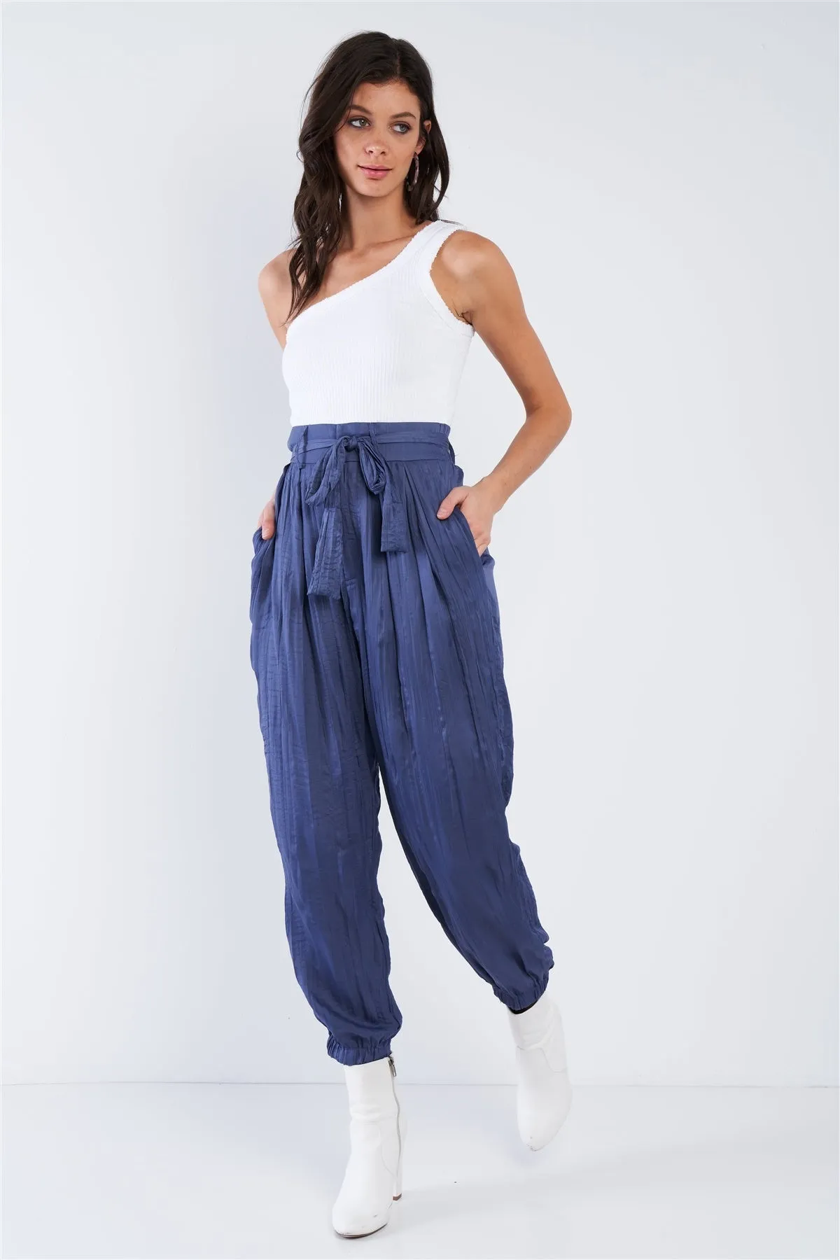 Crushed Satin Cinched Ankle Cuff Self Tie Waist Sash Pants