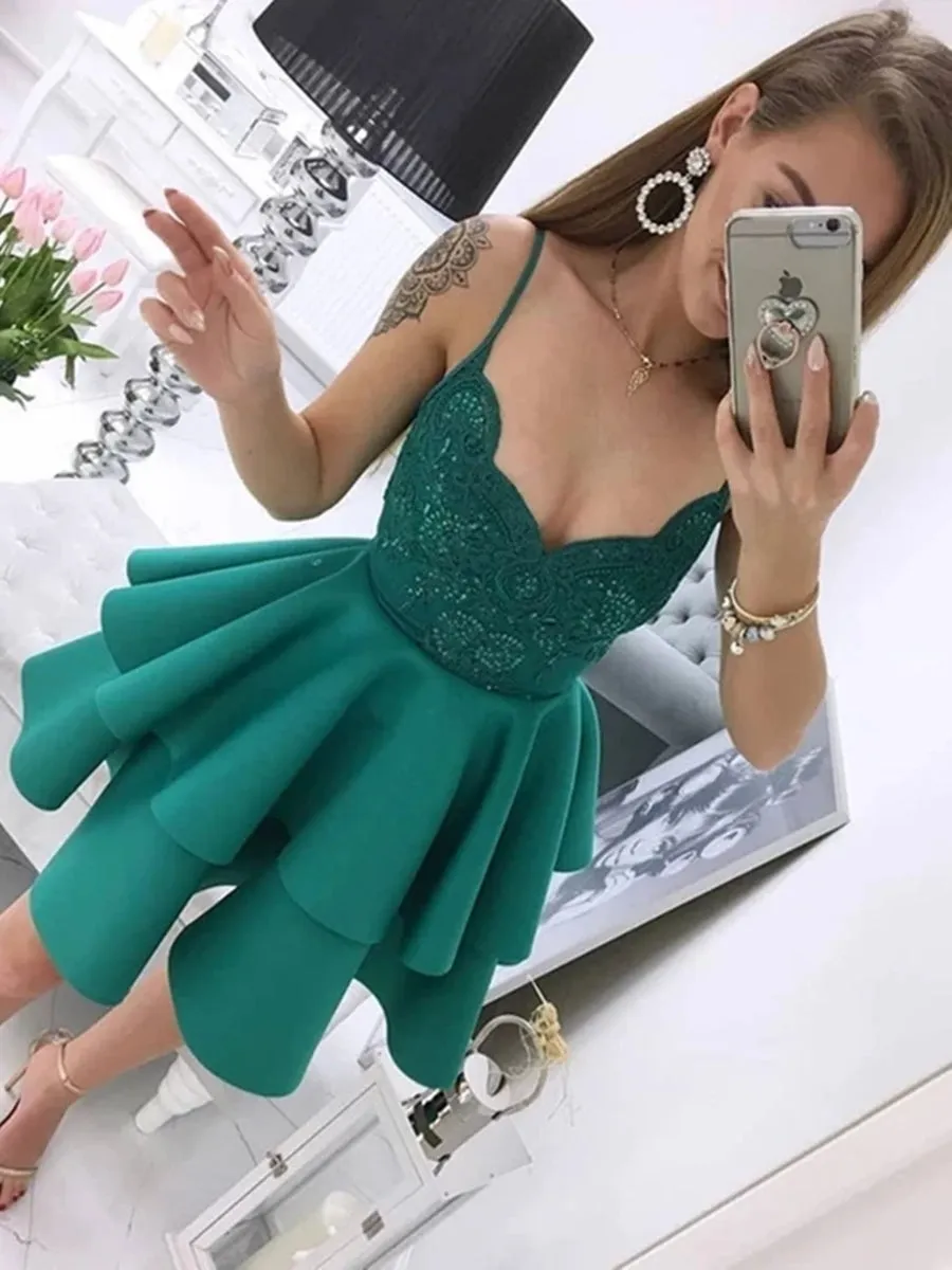 Cute Spaghetti Straps Green Lace Short Prom Homecoming, Layered Green Lace Formal Graduation Evening