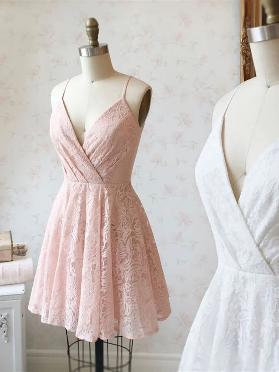 Cute V Neck Pink/White Lace Short Prom Homecoming, Pink/White Lace Formal Graduation Evening, Cocktail