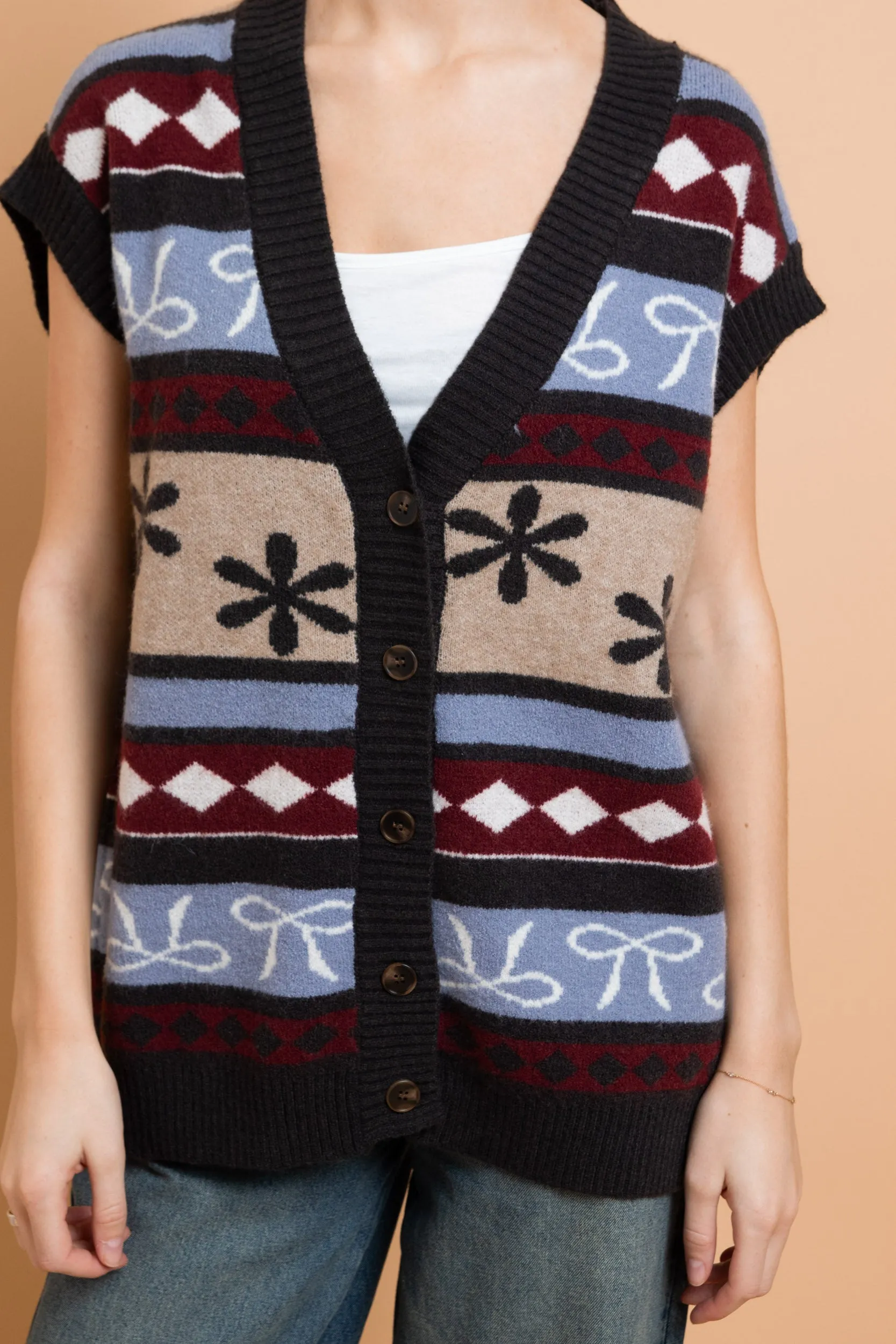 Daisy Street - Vintage Style Intarsia Pattern Knit Vest