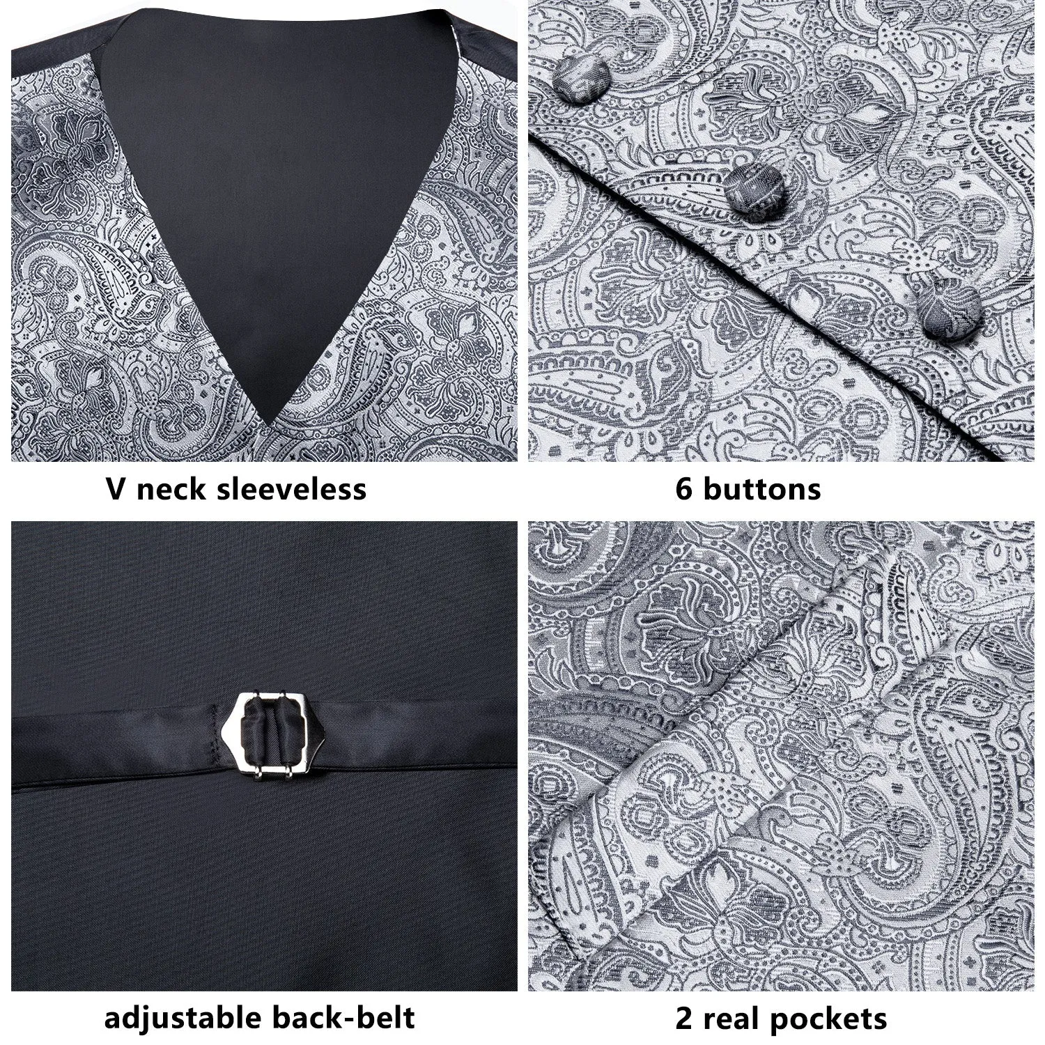 Dark Grey Paisley Men's Vest Tie Hanky Cufflinks Set Waistcoat Suit Set