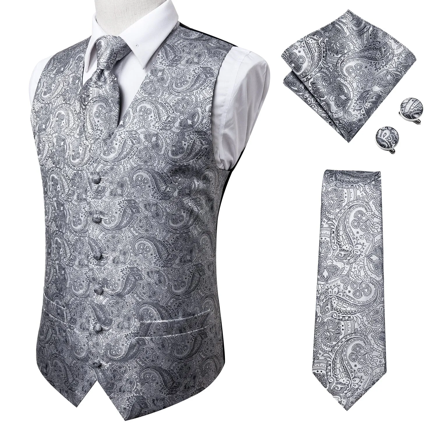 Dark Grey Paisley Men's Vest Tie Hanky Cufflinks Set Waistcoat Suit Set