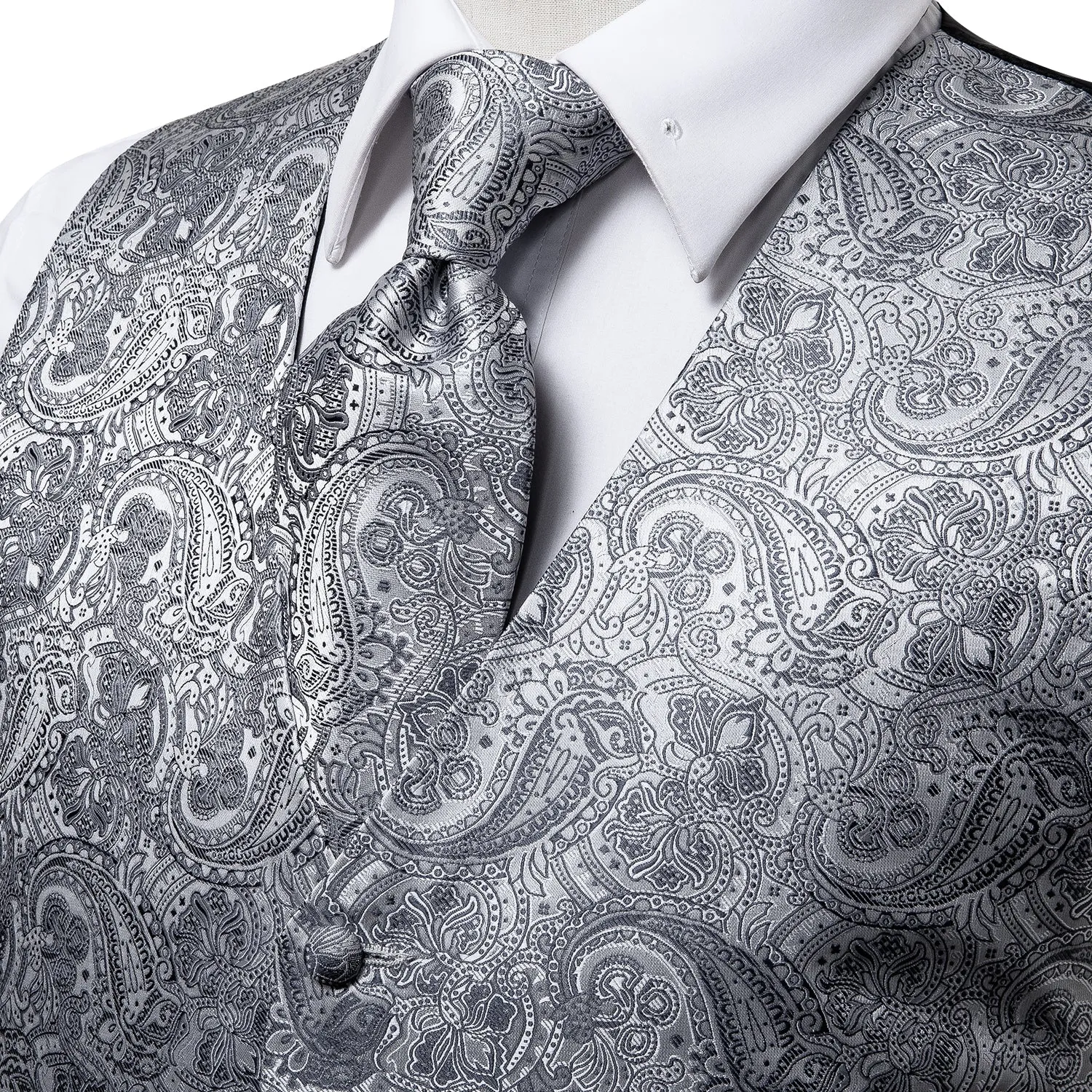 Dark Grey Paisley Men's Vest Tie Hanky Cufflinks Set Waistcoat Suit Set