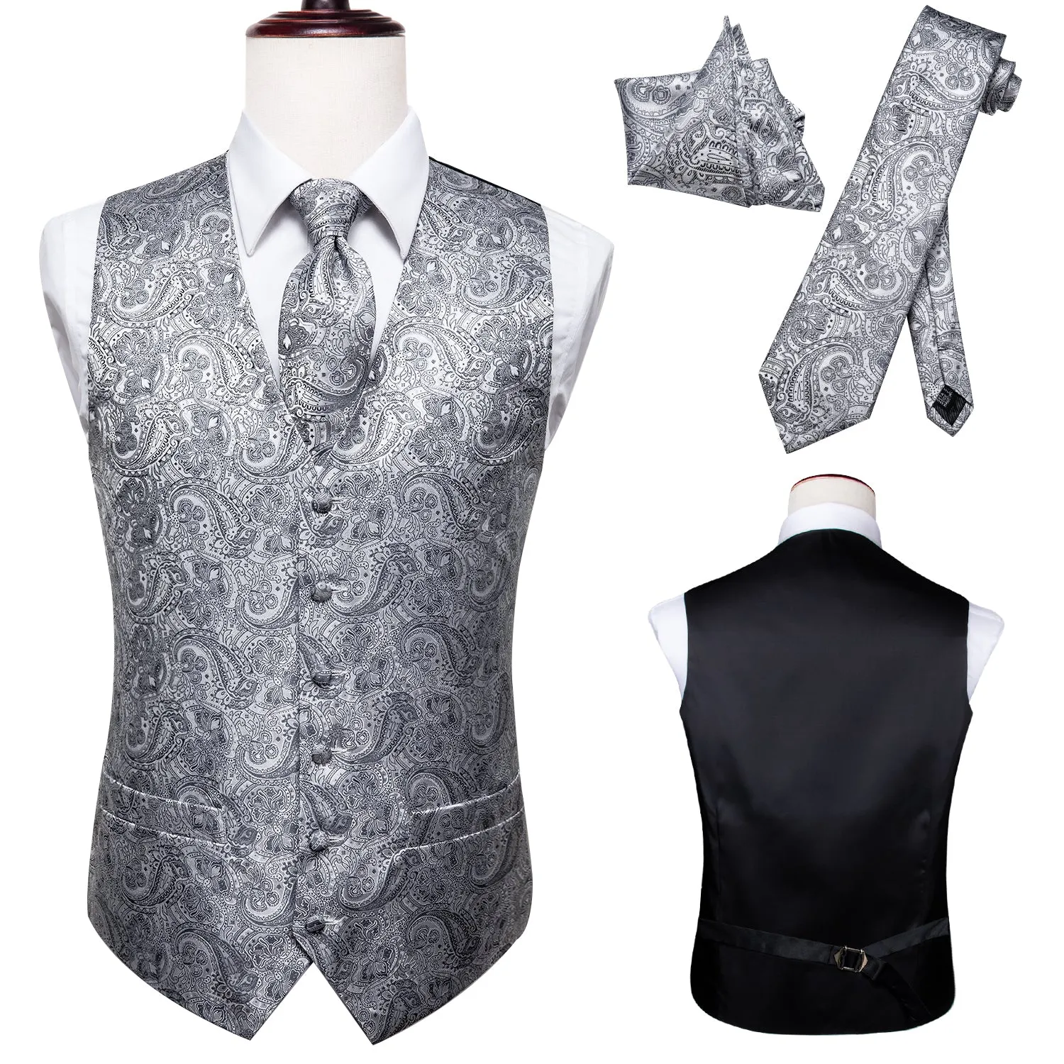 Dark Grey Paisley Men's Vest Tie Hanky Cufflinks Set Waistcoat Suit Set