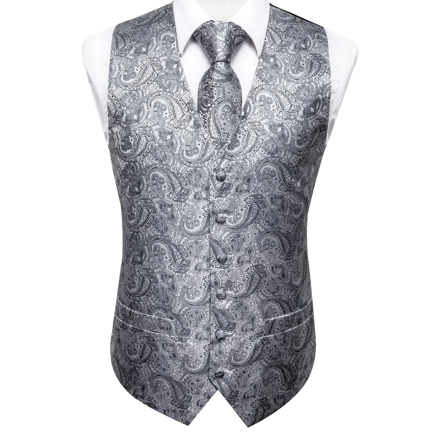 Dark Grey Paisley Men's Vest Tie Hanky Cufflinks Set Waistcoat Suit Set