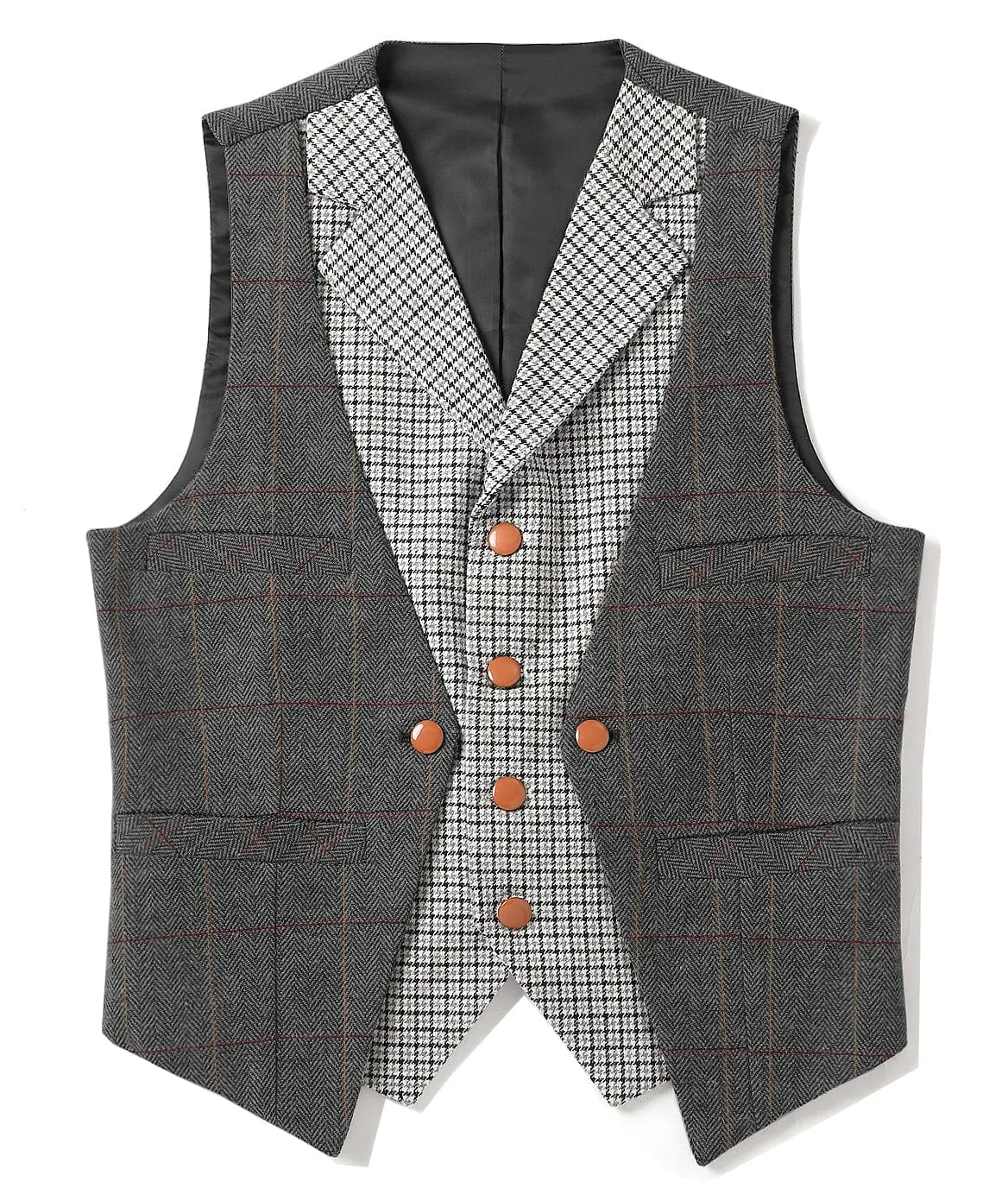 Double Collar Plaid Notch Lapel Waistcoat