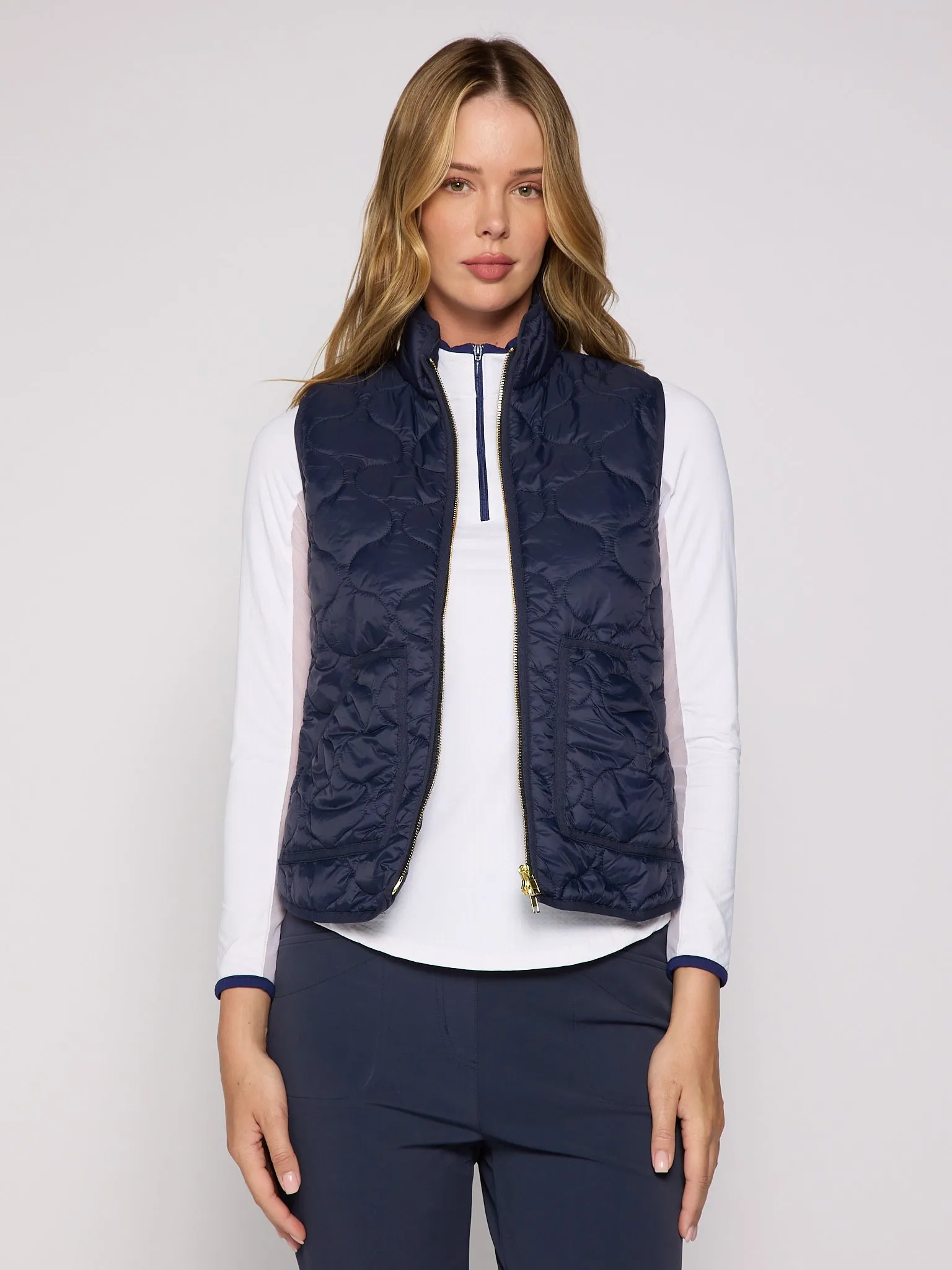 Double Zipper Padded Vest In True Navy