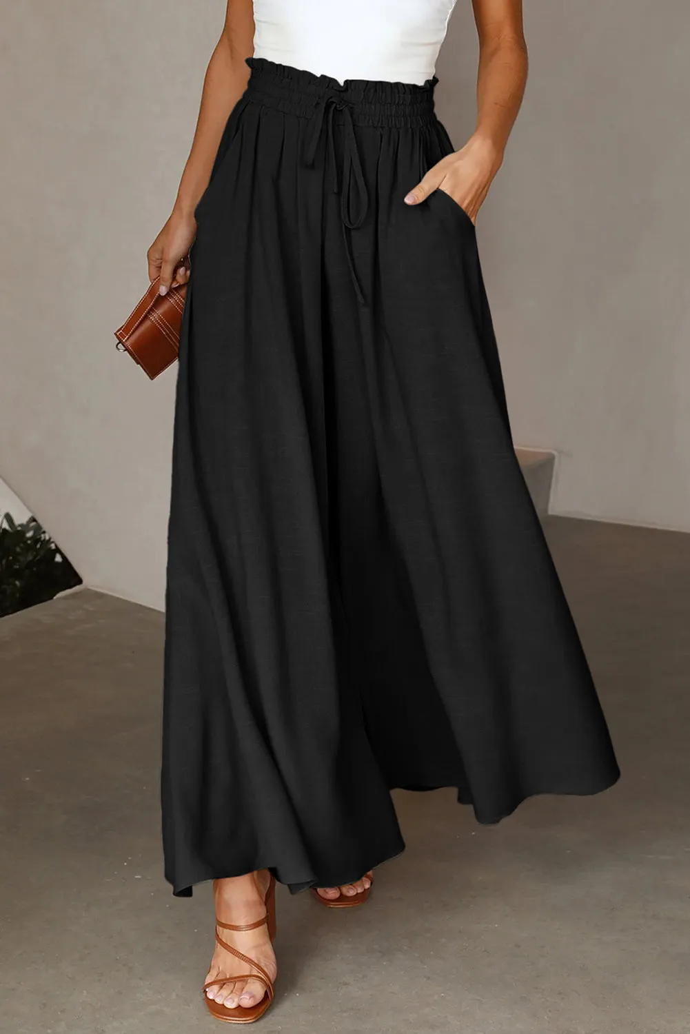 Drawstring Smocked High Waist Wide Leg Pants