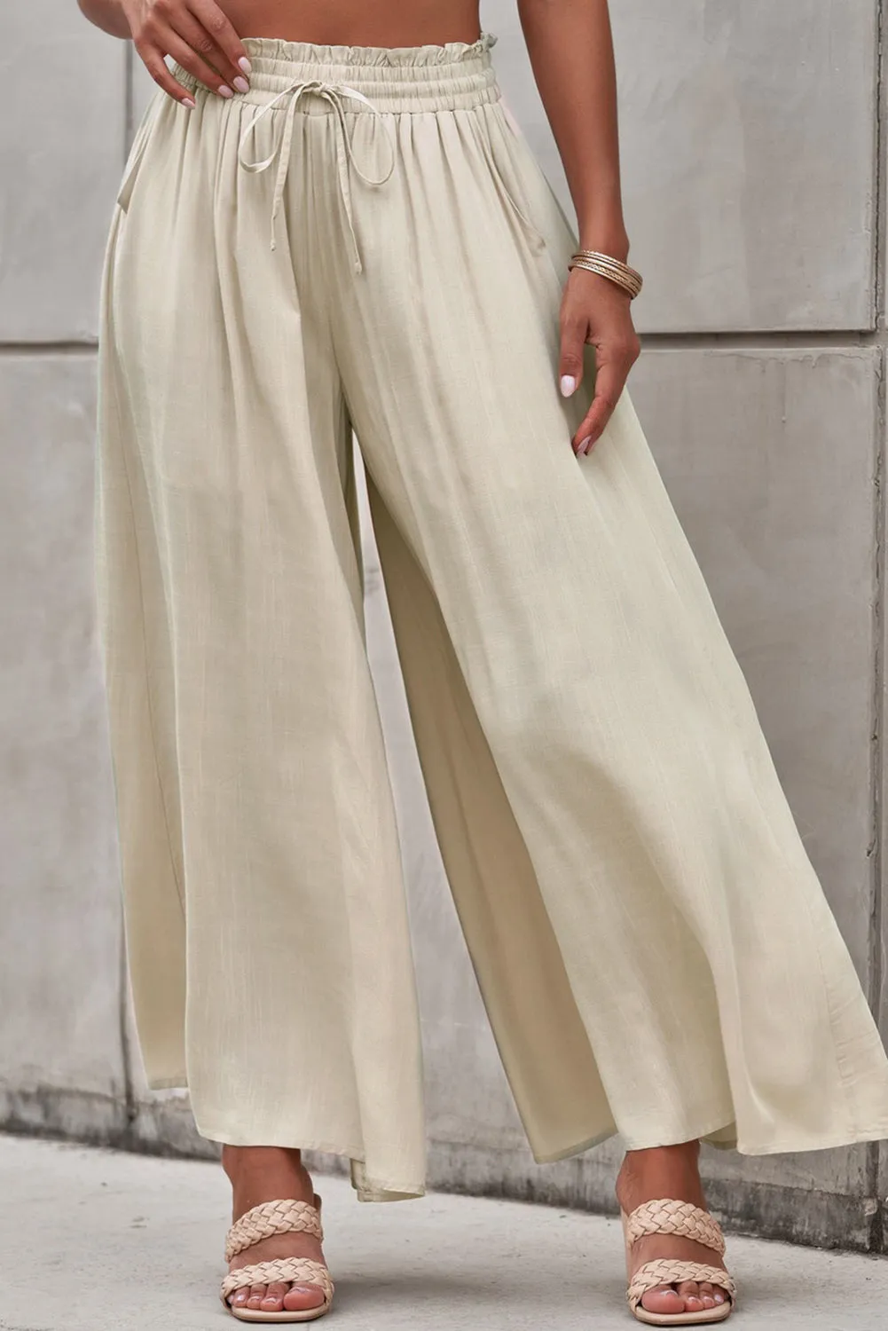 Drawstring Smocked High Waist Wide Leg Pants