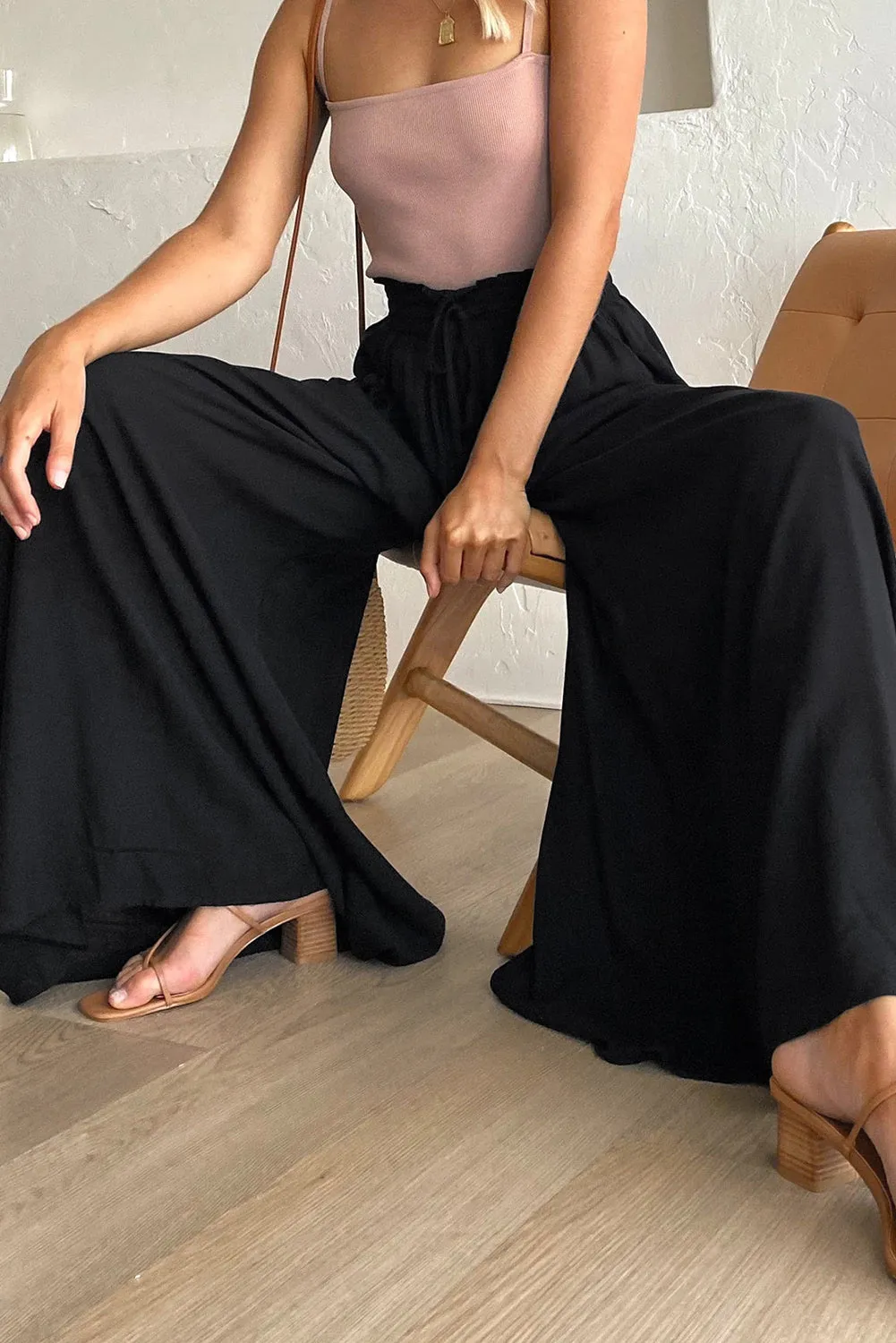 Drawstring Smocked High Waist Wide Leg Pants