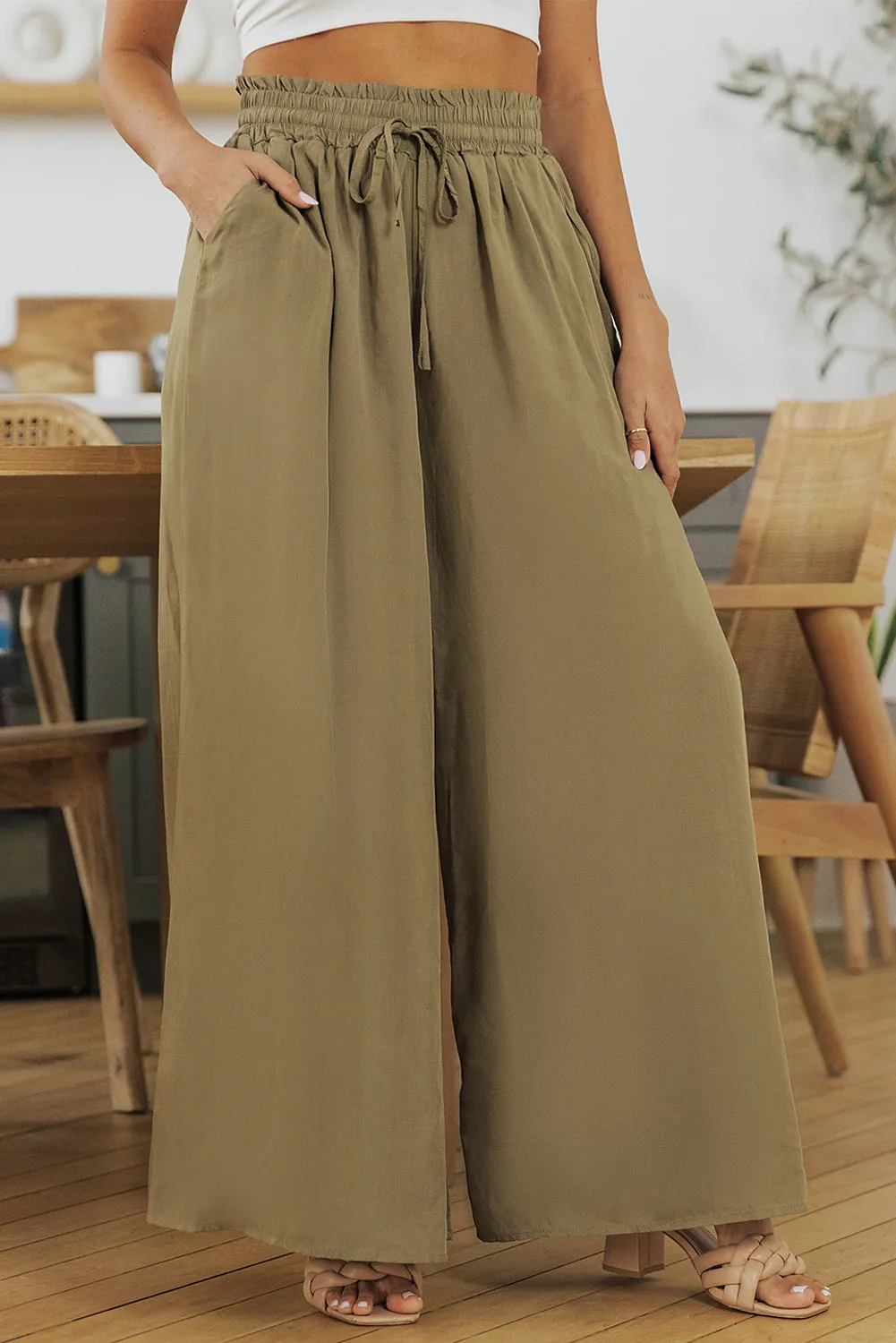 Drawstring Smocked High Waist Wide Leg Pants