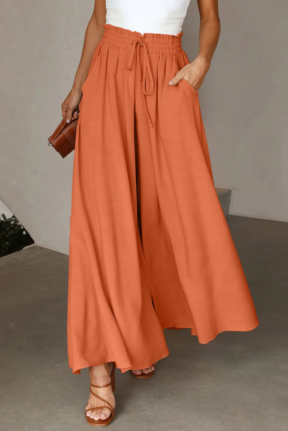 Drawstring Smocked High Waist Wide Leg Pants