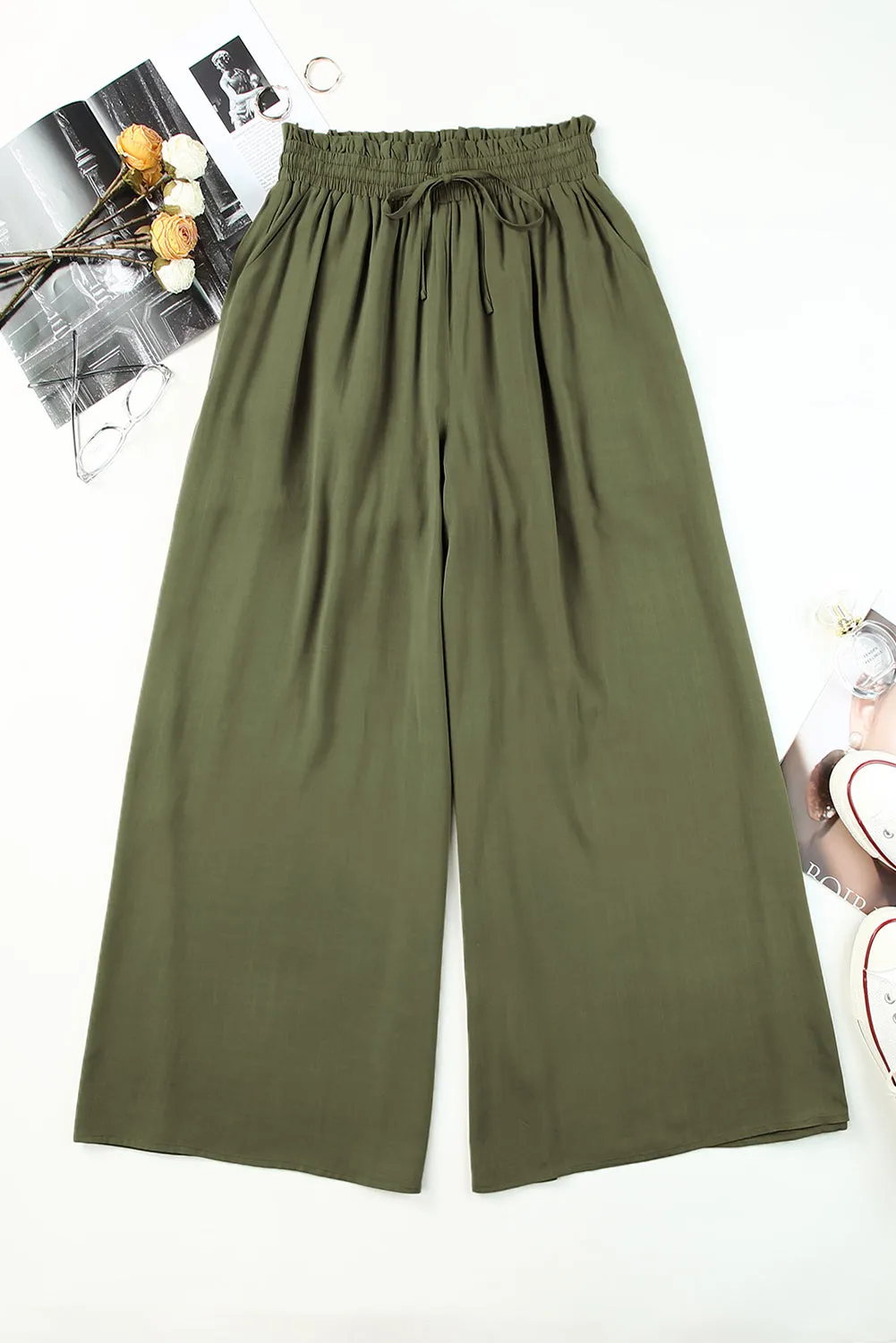 Drawstring Smocked High Waist Wide Leg Pants