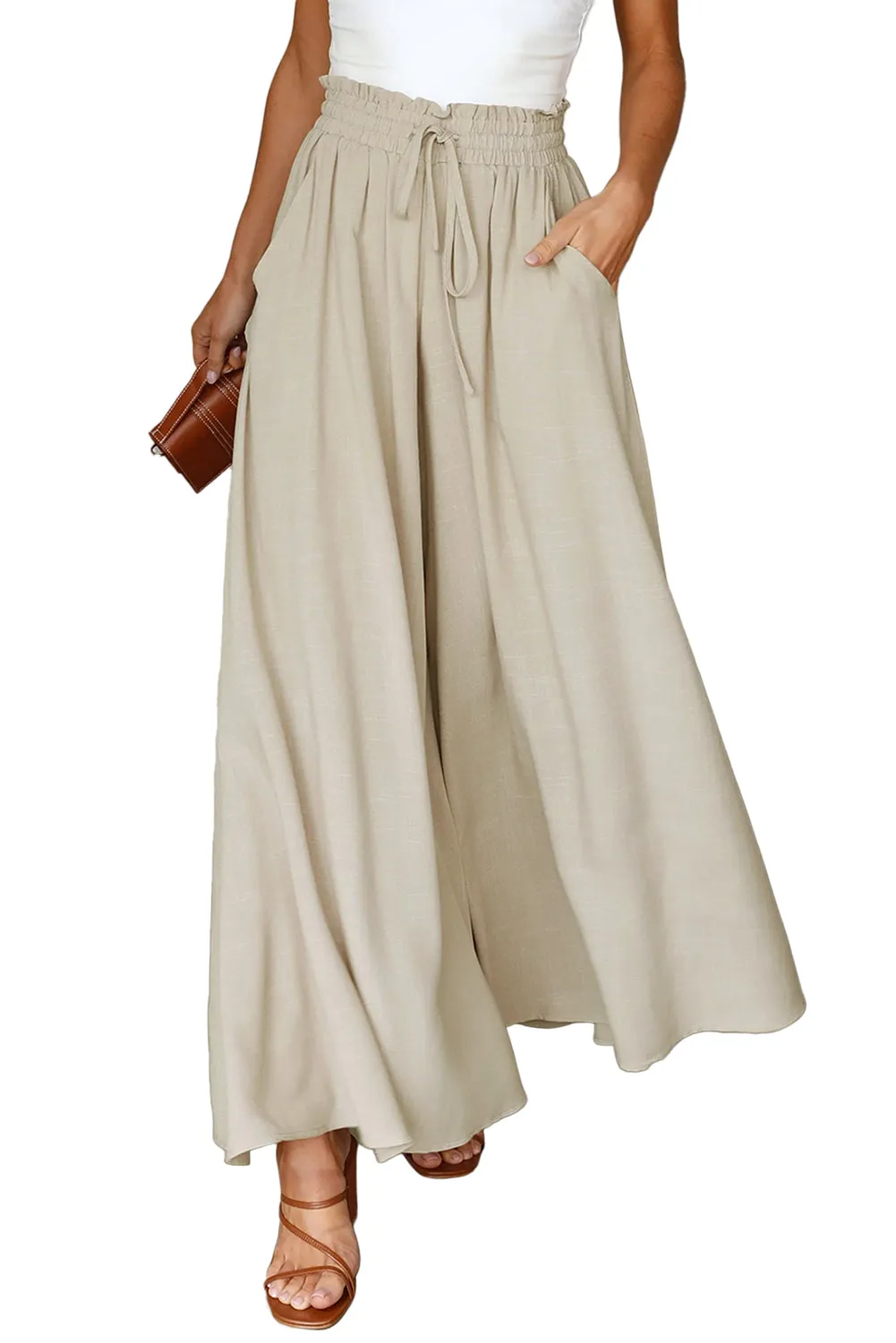 Drawstring Smocked High Waist Wide Leg Pants