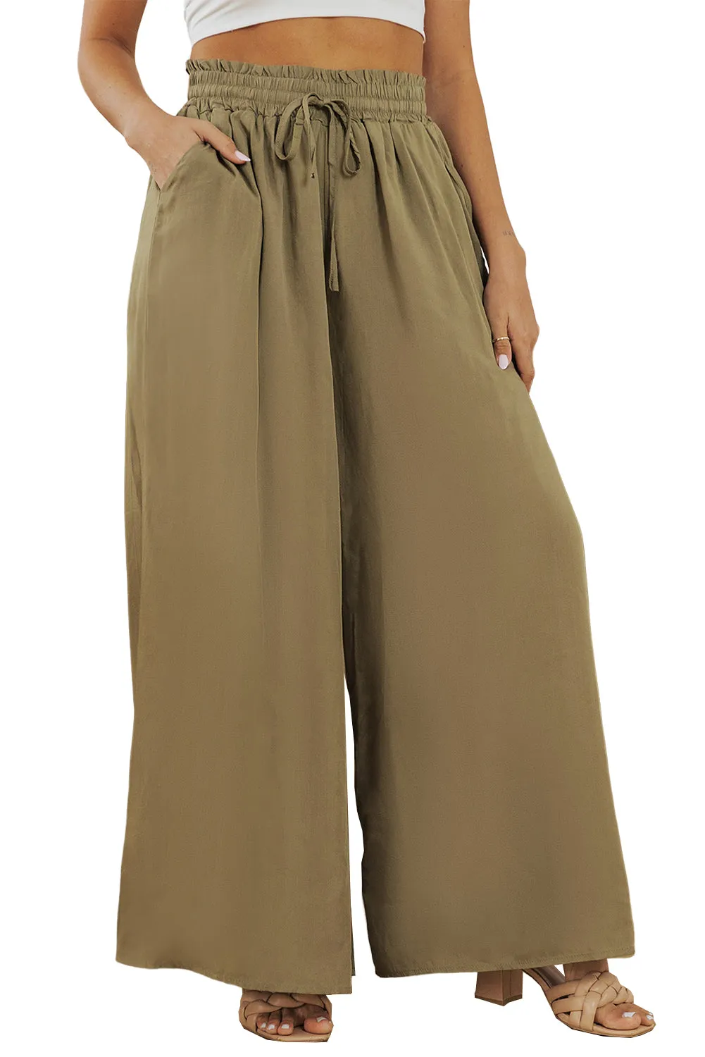 Drawstring Smocked High Waist Wide Leg Pants